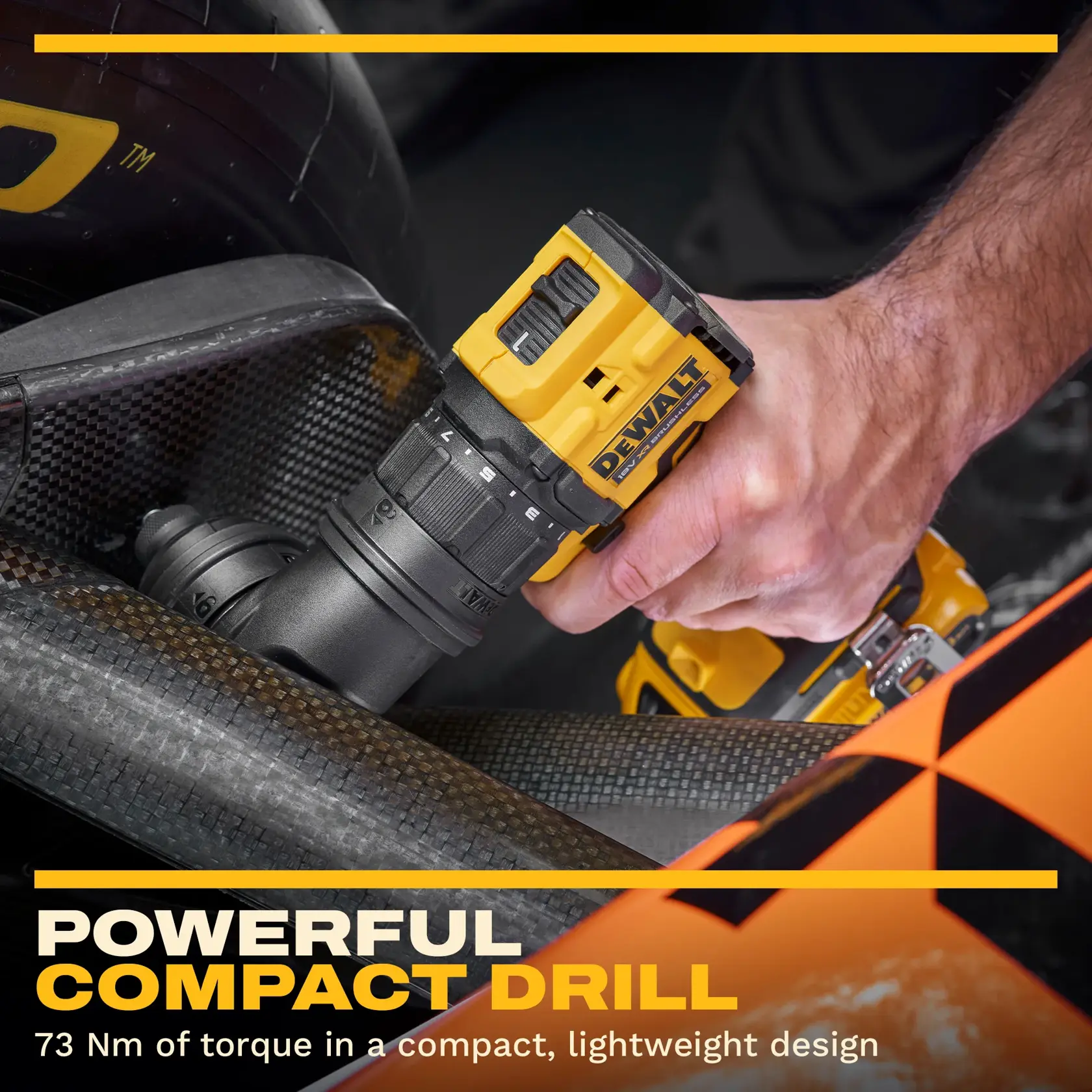 DEWALT DCD803NT compact drill in use, promotes 73 Nm torque and lightweight design.