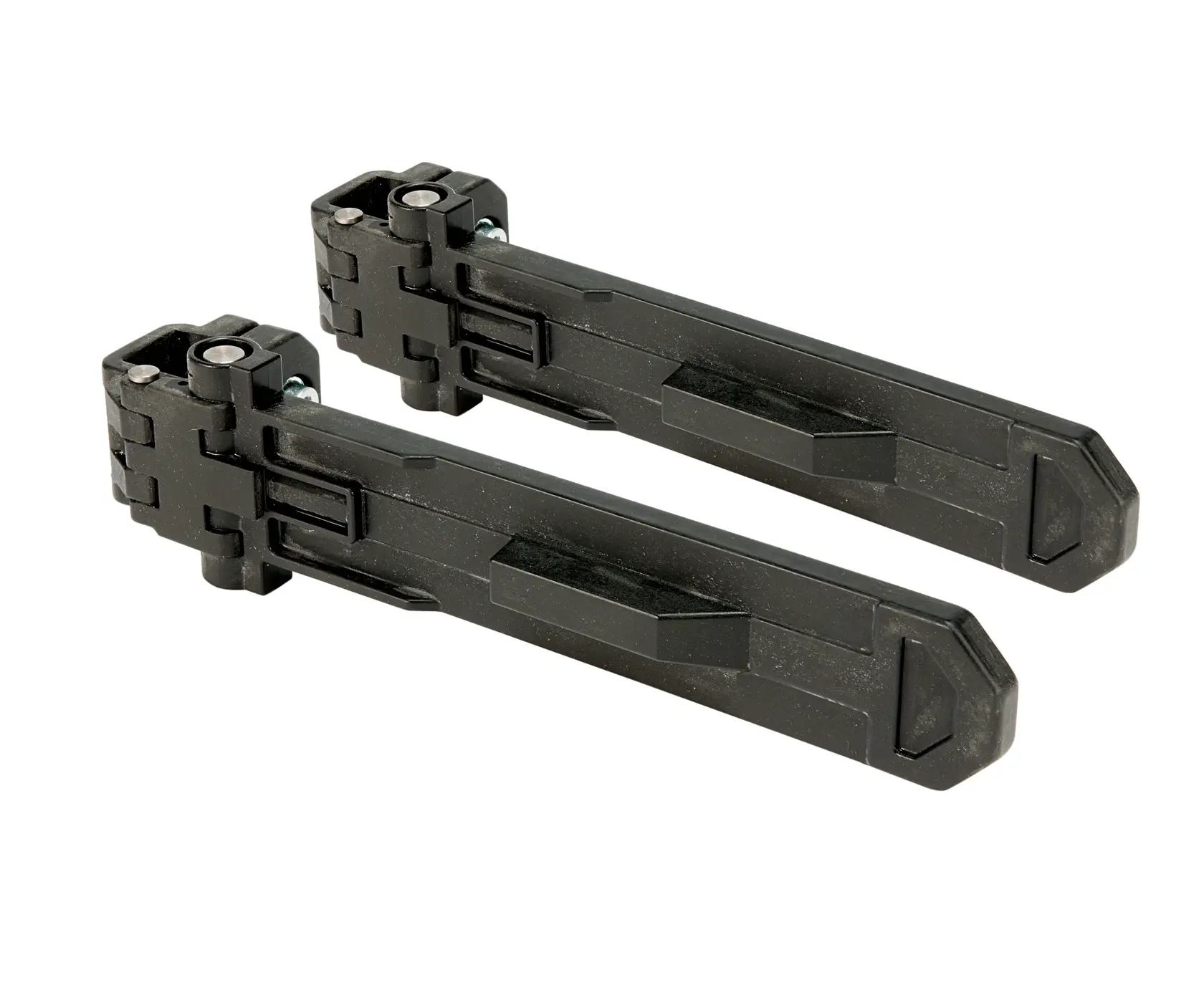 Two black DEWALT plastic mounting brackets for photography equipment, shown side by side on a white background.