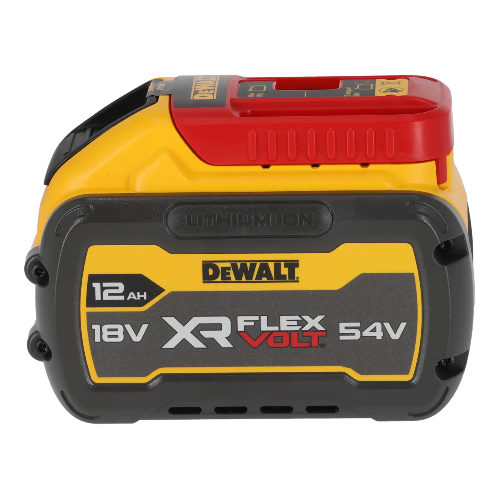 DEWALT XR FLEXVOLT 18V/54V 12Ah lithium-ion battery, black and yellow casing.