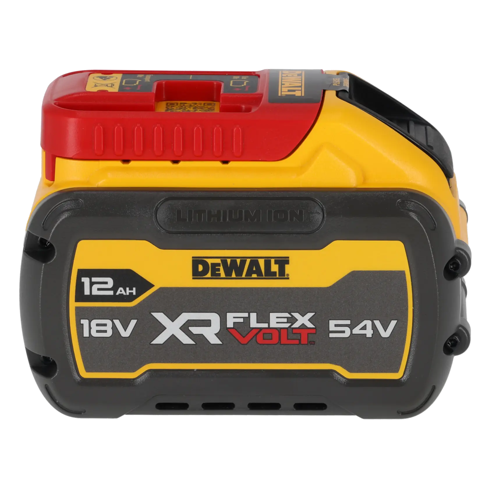 DEWALT XR FLEXVOLT 18V/54V battery pack, 12Ah, yellow and black, with red latch on top.