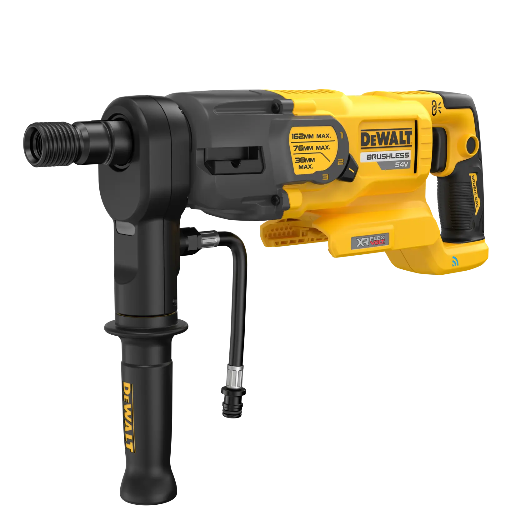 A DEWALT branded brushless cordless drill with a yellow and black design, featuring a side handle and an attached connector pipe, model DCD150NK, suitable for professional heavy-duty use.