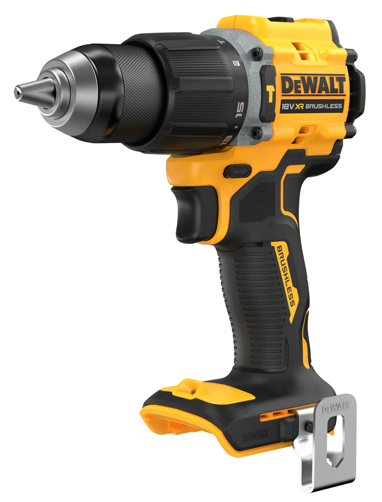 A DEWALT 18V XR brushless cordless drill driver, model DCD799N, shown in yellow and black with a metal belt clip attached at the base.