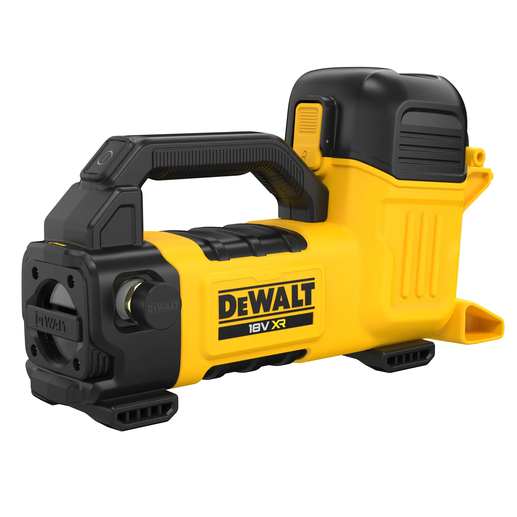A DEWALT 18V XR cordless inflator in yellow and black, featuring a sturdy handle and compact design, suitable for inflating tires and other items.