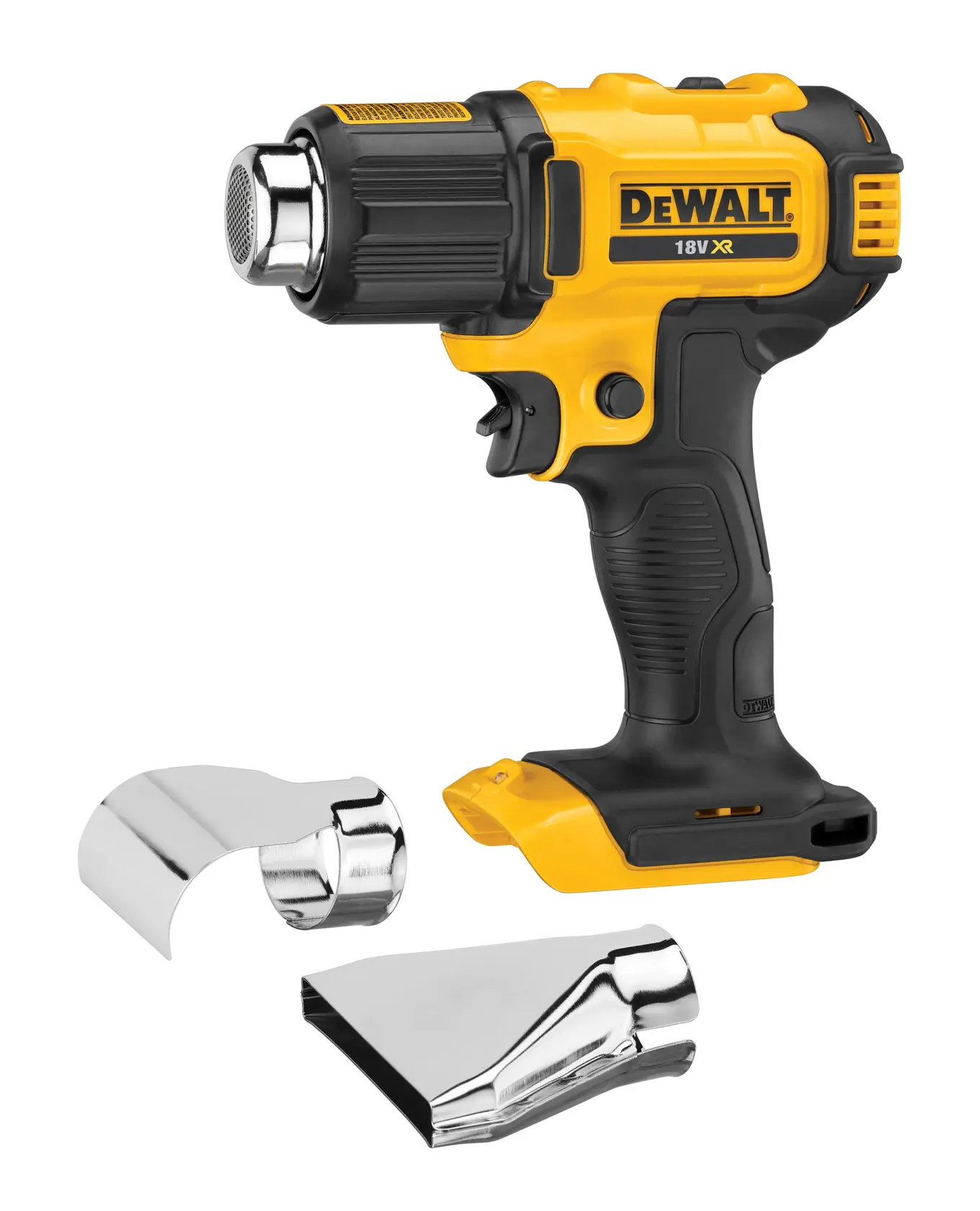 A yellow and black cordless heat gun with two metal nozzle attachments displayed beside it. The brand 'DeWalt' and the model '18V XR' are visible on the side of the heat gun.