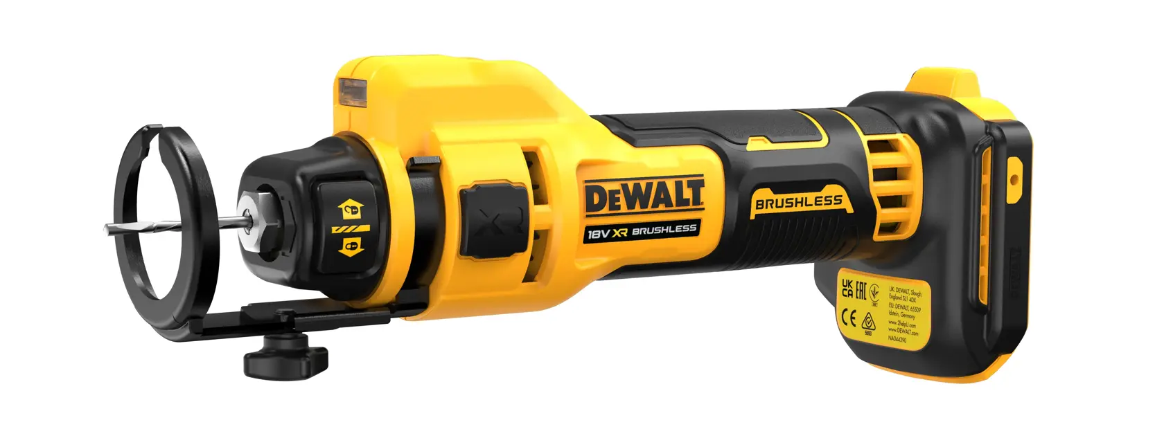 DEWALT 18V XR Brushless rotary tool with a black and yellow design. The tool features a safety guard and ergonomic grip, suitable for cutting or sanding tasks. Model SKU: DCE555N.