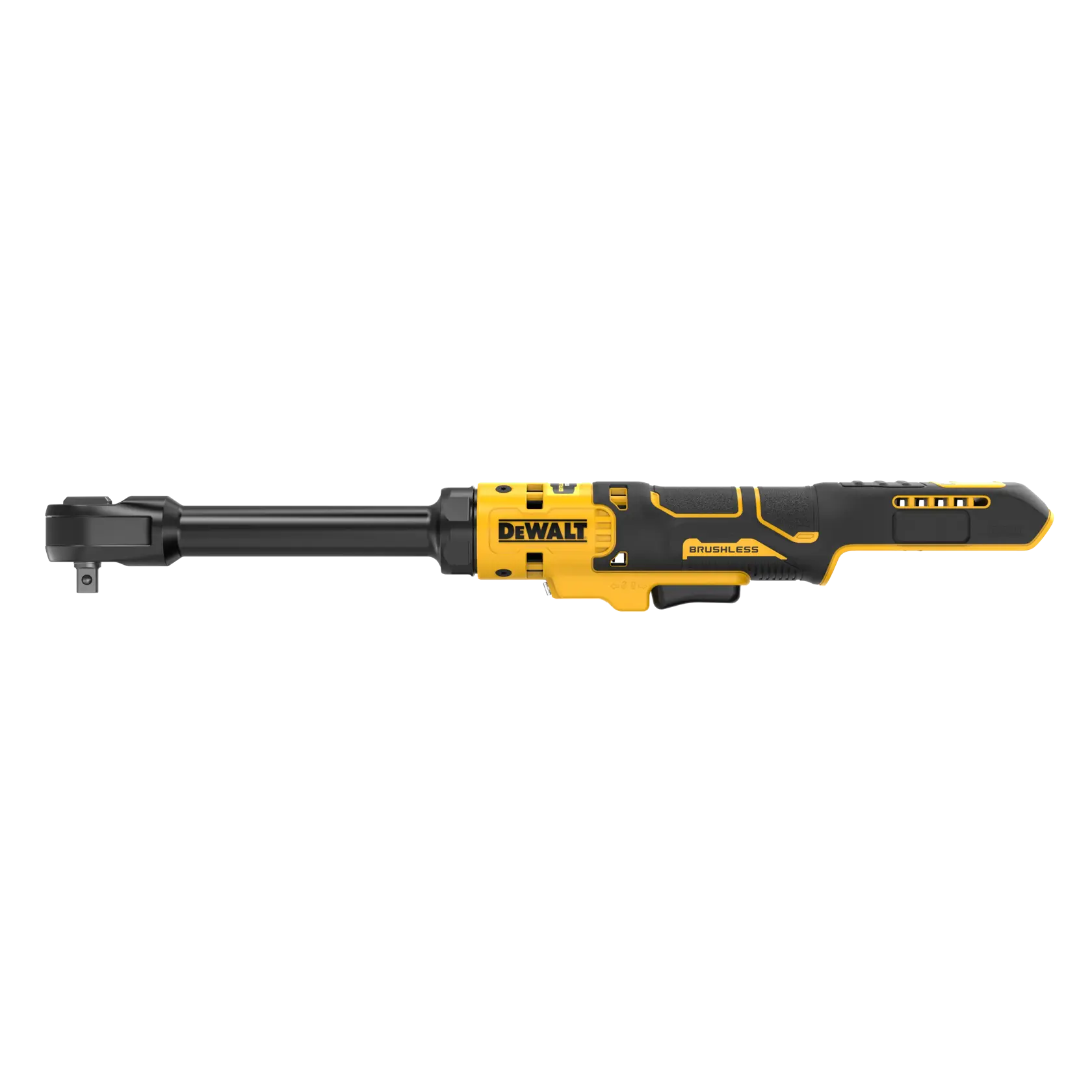 DEWALT ratchet tool for photography, SKUs DCF513EN-XJ, DCF513EN, yellow and black, side view.