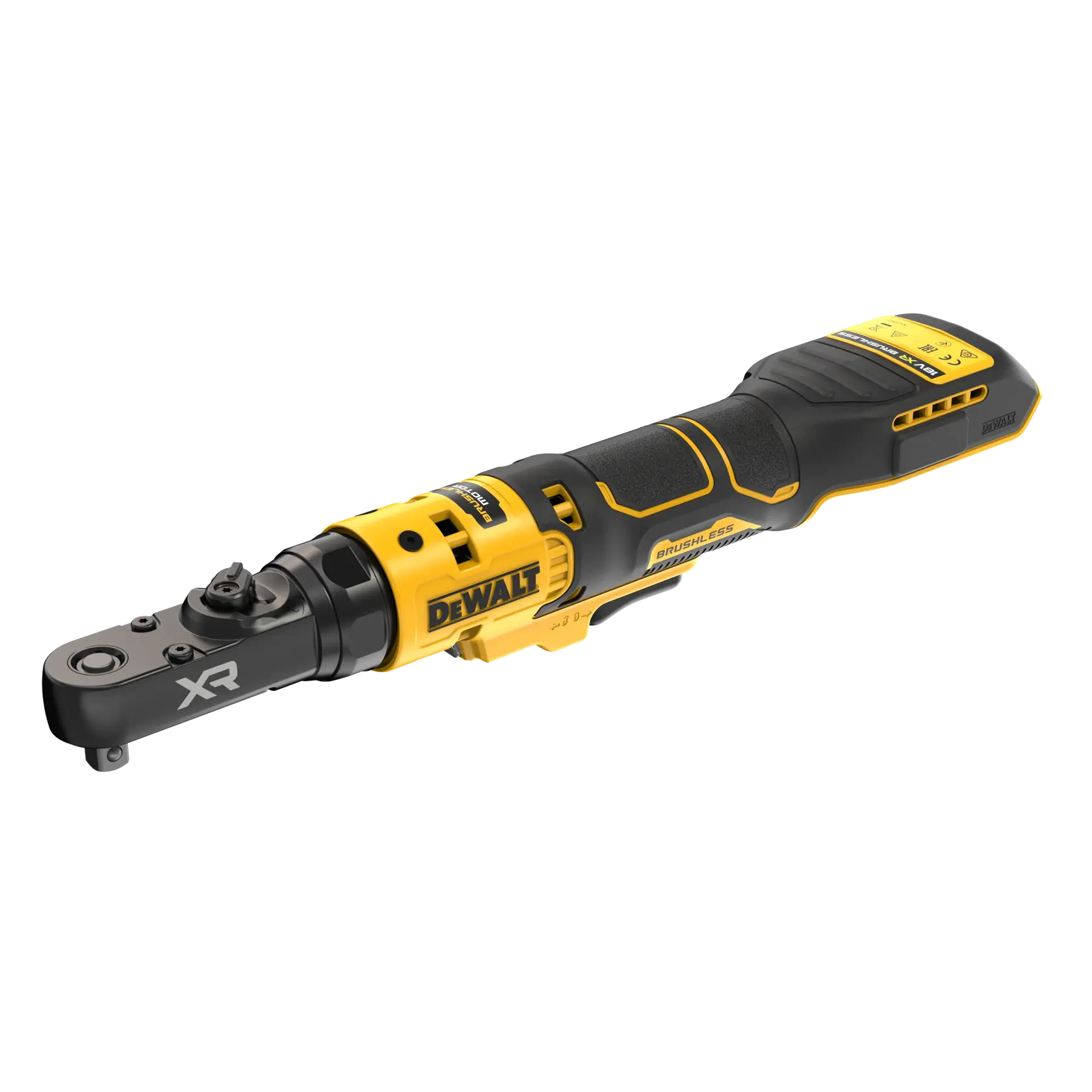DEWALT cordless ratchet tool, photography category, SKUs DCF520N-XJ, DCF520N, black-yellow design.