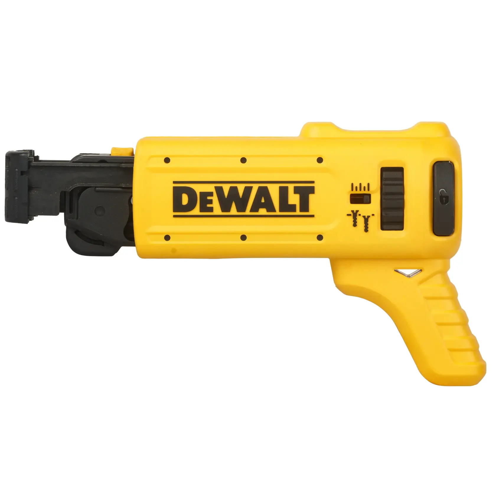 A DEWALT DCF6201 yellow and black drywall screw gun attachment, shown with a metal screwdriver bit below it.