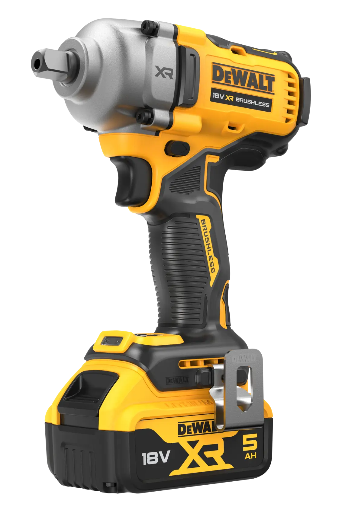 A DeWalt 18V XR Brushless cordless impact wrench with a 5Ah battery, shown in yellow and black colors with a metal clip attached.
