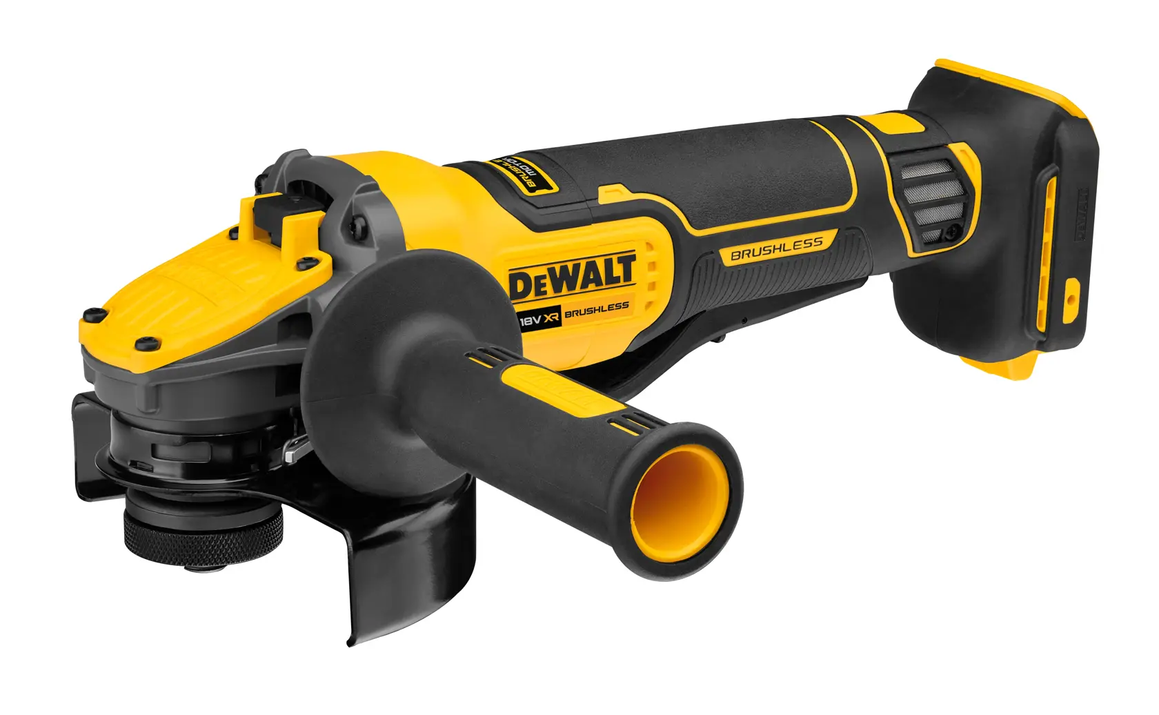 Angle view Brushless 18V XR 125mm cordless angle grinder bare unit