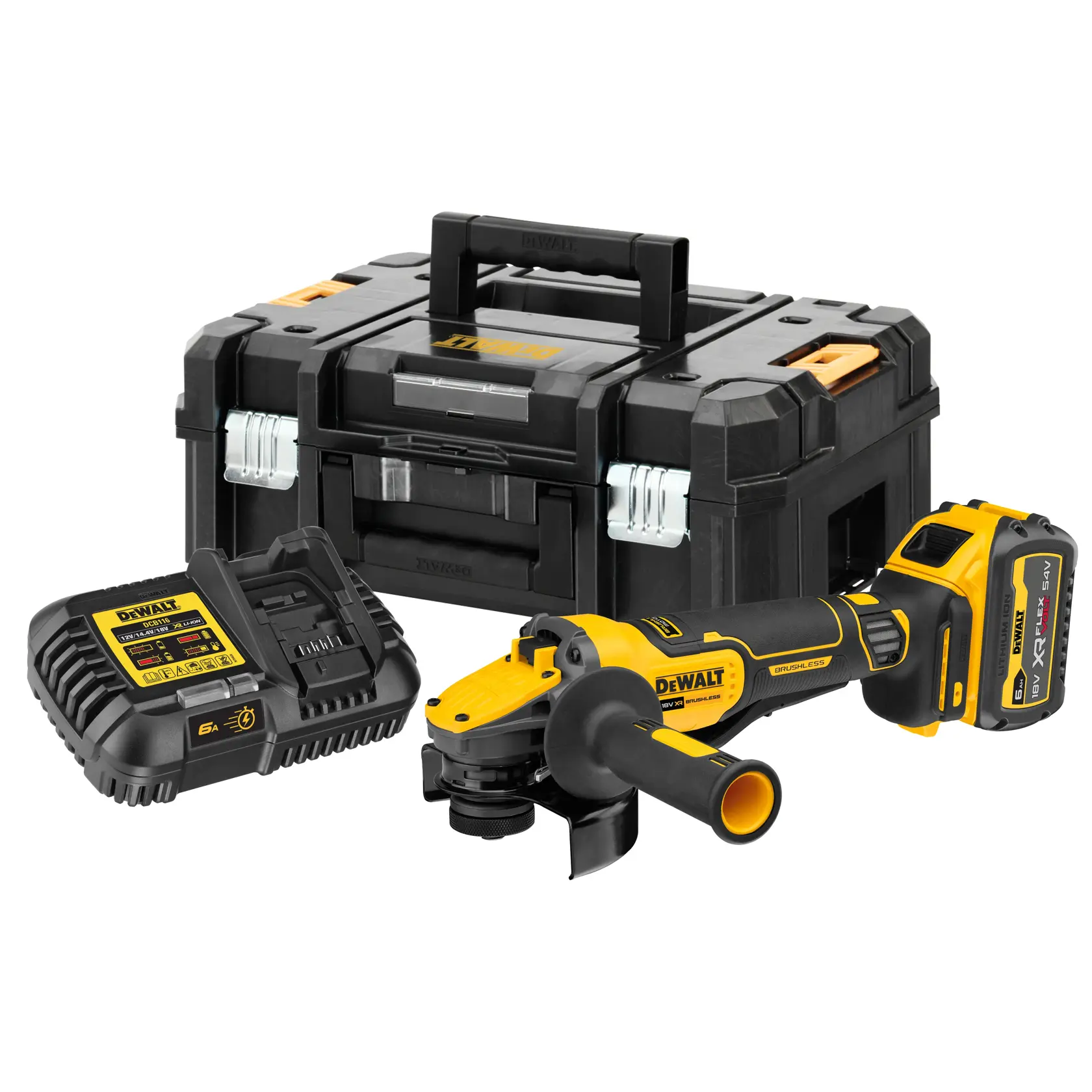 Brushless 18V XR 125mm cordless angle grinder with 6AH Flexvolt battery, Tstak shallow box and charger DCB116