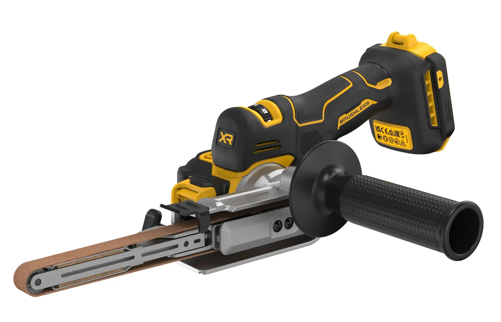 A DEWALT cordless handheld belt file with a black and yellow design, featuring a side handle and a sanding belt attachment.