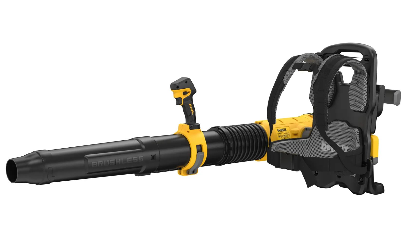 A DEWALT brushless cordless backpack blower with black and yellow color scheme, featuring shoulder straps and a long nozzle for outdoor cleaning tasks.
