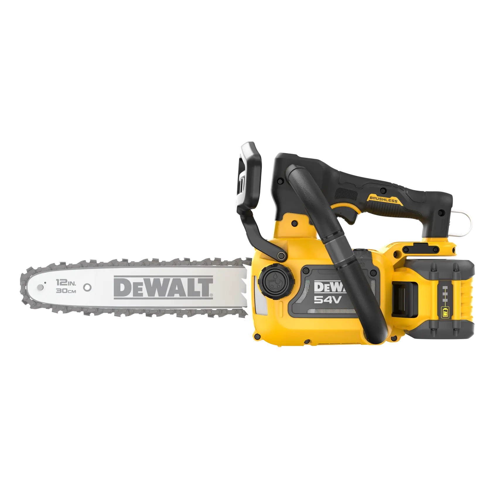 DEWALT chainsaw, model DCMCST632X1-XE, DCMCST632X1, DCMCST632X1-QW, photography category, 12-inch blade.