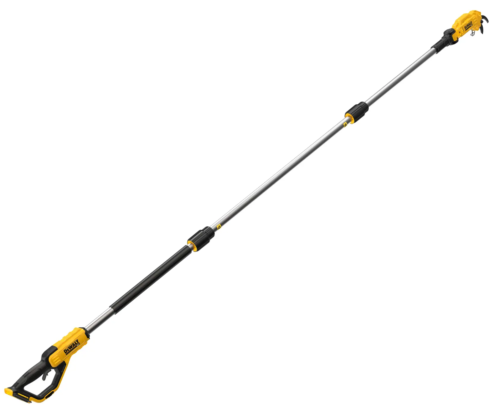 A long, telescopic cordless pole saw with a black and yellow handle and a cutting blade at the end, designed for pruning or trimming branches. The tool is branded DEWALT.