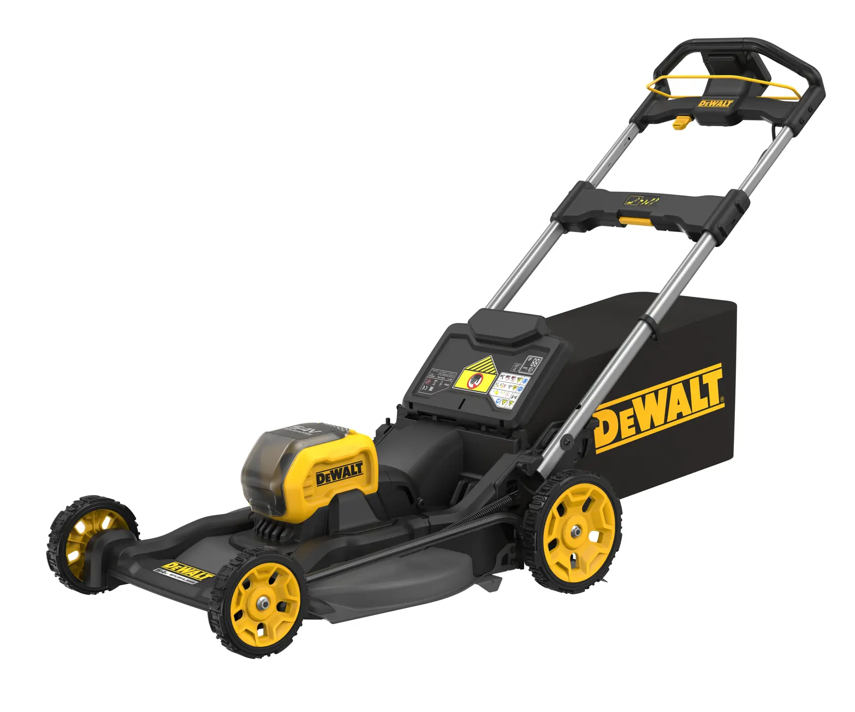 A DEWALT cordless electric lawn mower with a yellow and black design, featuring large rear wheels, a battery compartment on top, a handle for pushing, and a grass collection bag attached at the back.