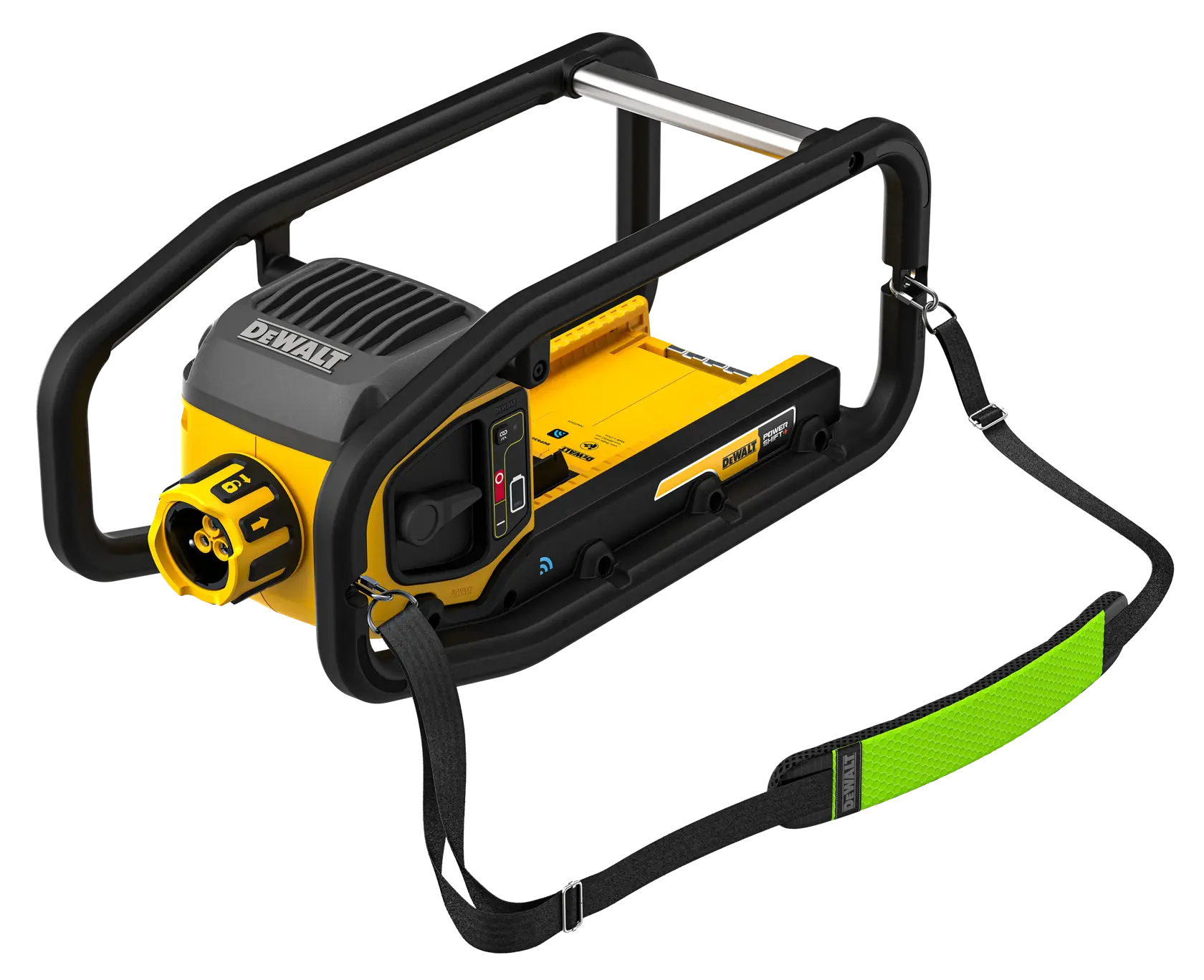 A DEWALT-branded portable tool with a protective black frame, yellow body, control panel, and an attached carrying strap with a green padding.