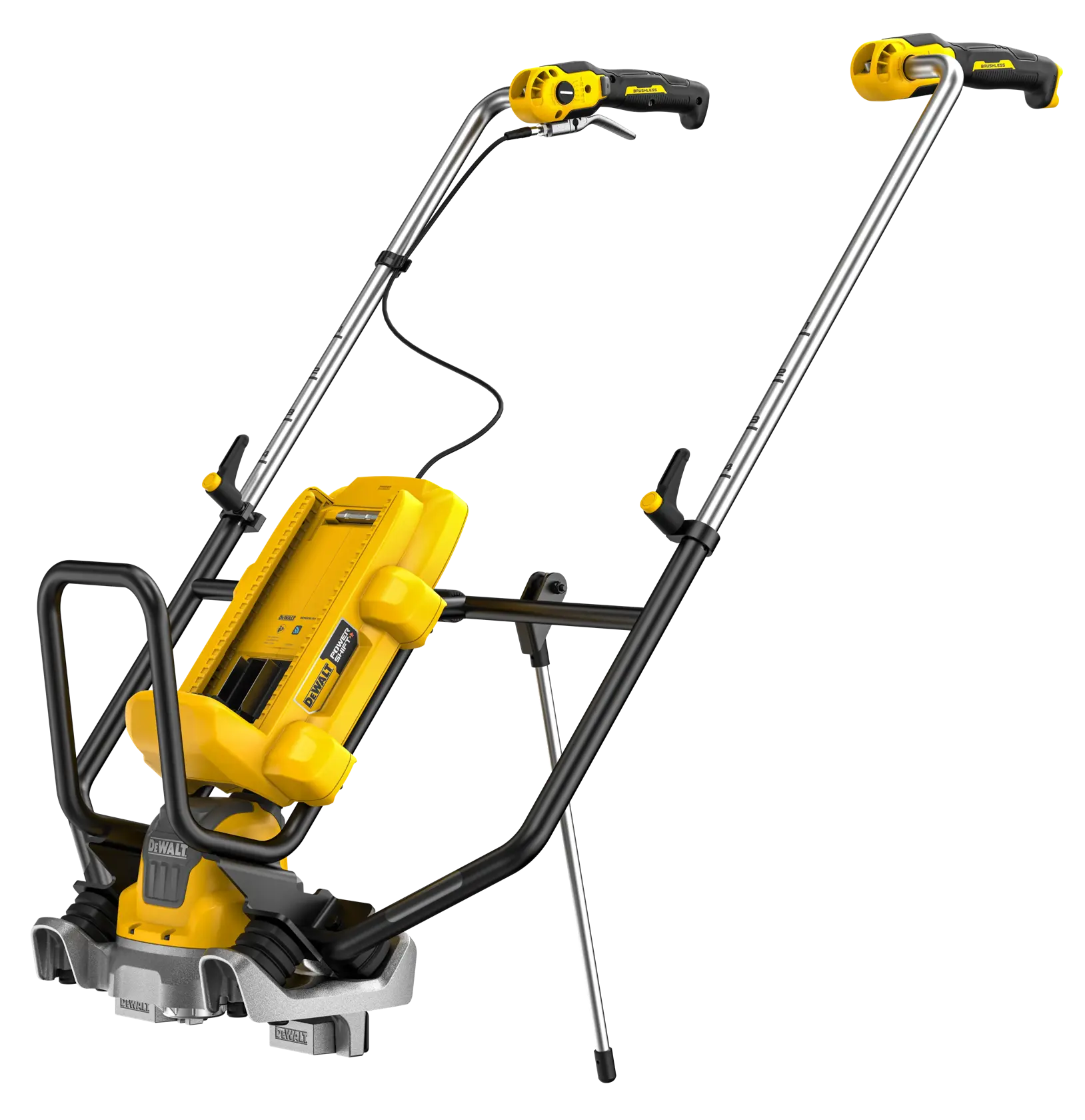 A DEWALT DCPS330N pole saw with a yellow and black design, featuring an extendable handle and a cutting head mounted at the end. The tool is designed for pruning high branches and garden maintenance.