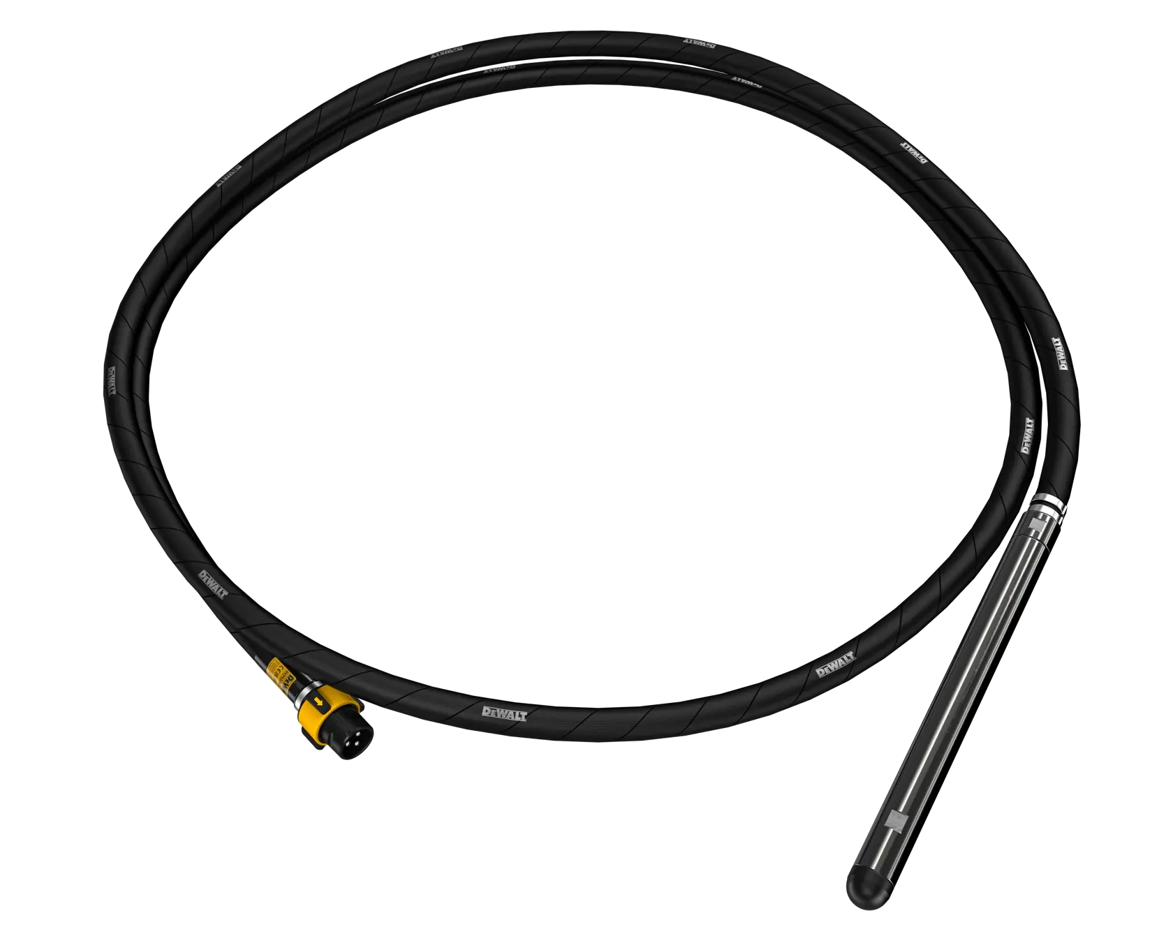 A DEWALT concrete vibrator with a long black flexible shaft, featuring a yellow connector and a cylindrical vibrating head, shown coiled on a white background.