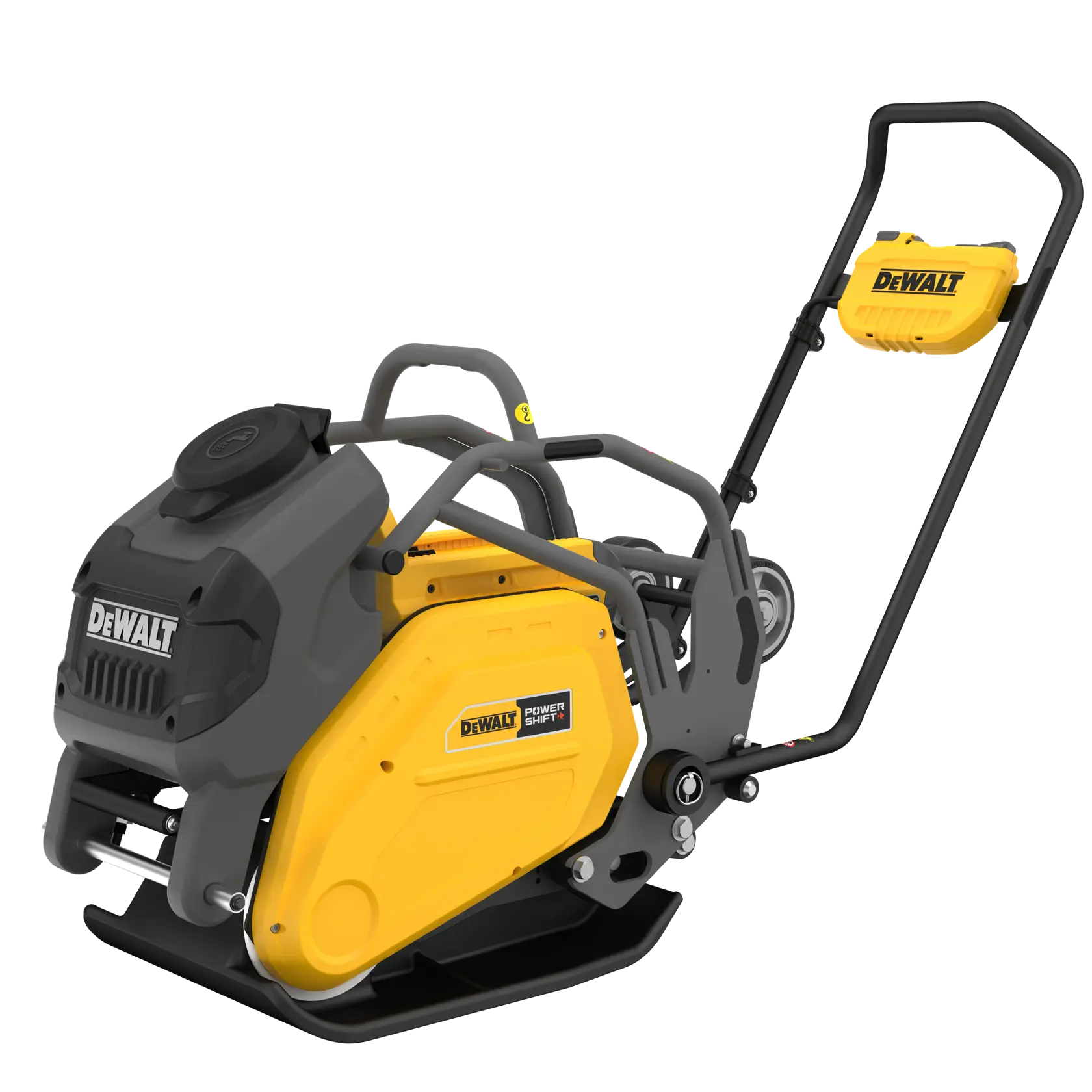 A DEWALT plate compactor with a yellow and black design, featuring the DEWALT logo on the body and control unit, with a handle attached for manual operation.