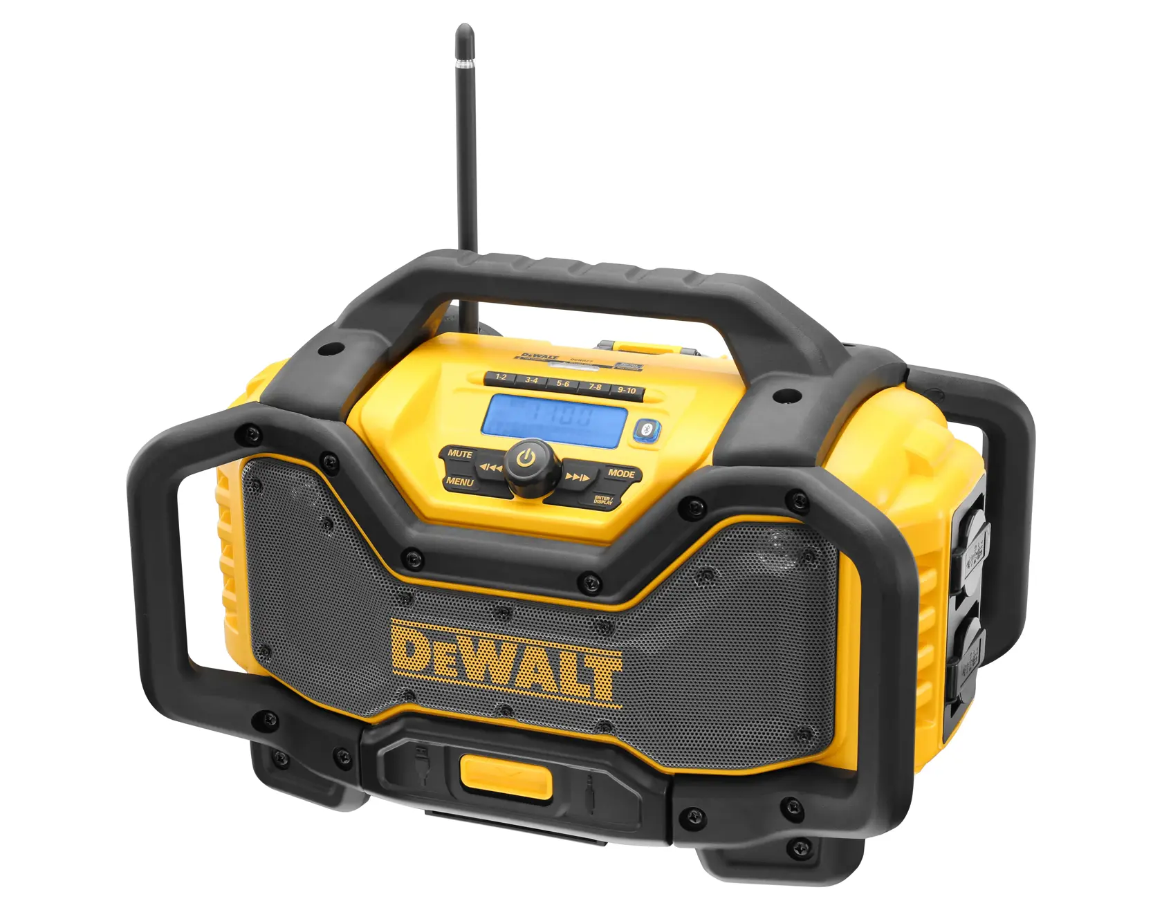 DEWALT DCR027 portable yellow worksite radio with handle, buttons, speaker grille, and antenna.