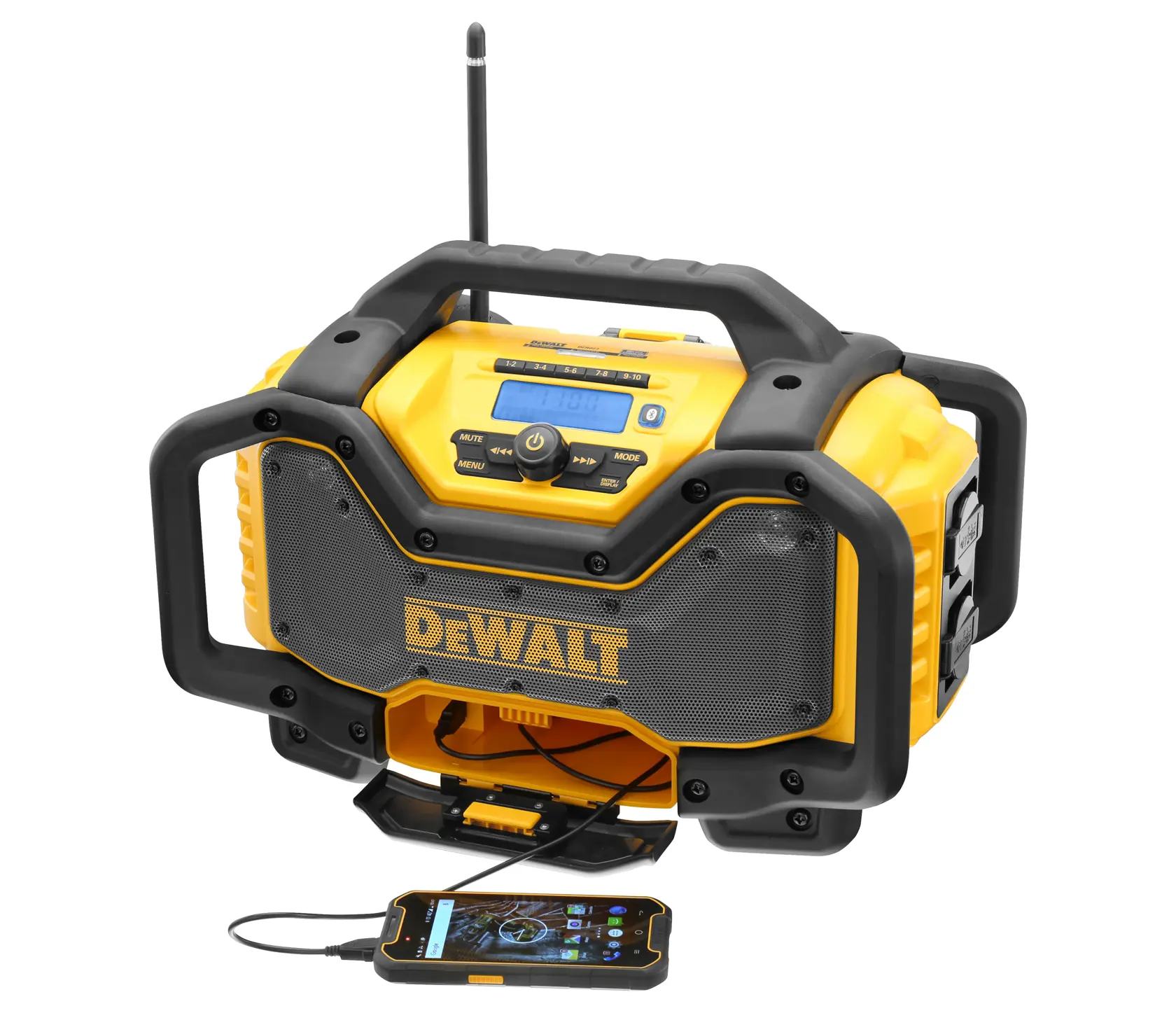 Yellow DEWALT radio with handle, speakers, and phone connected via cable. Built for durability and portable use.