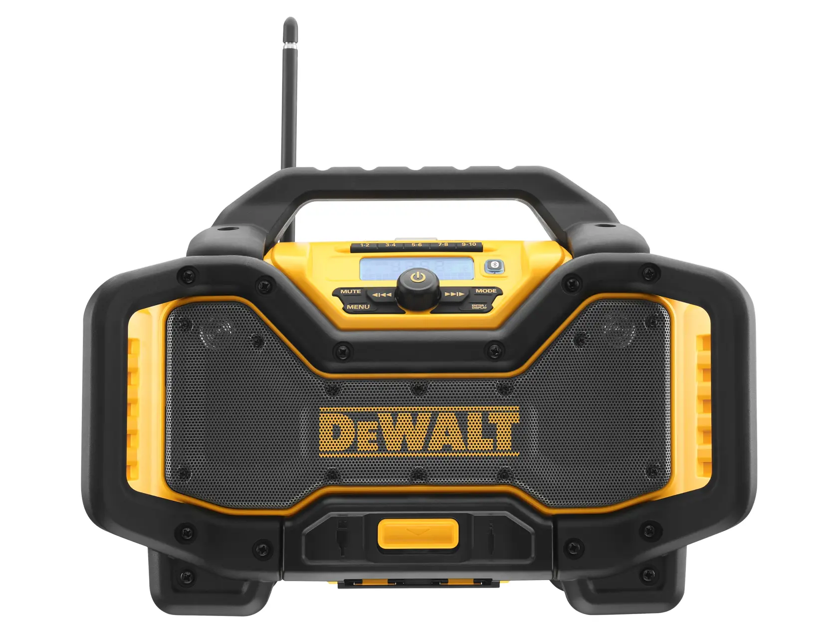 DEWALT jobsite radio with yellow and black rugged design, front control panel and antenna.