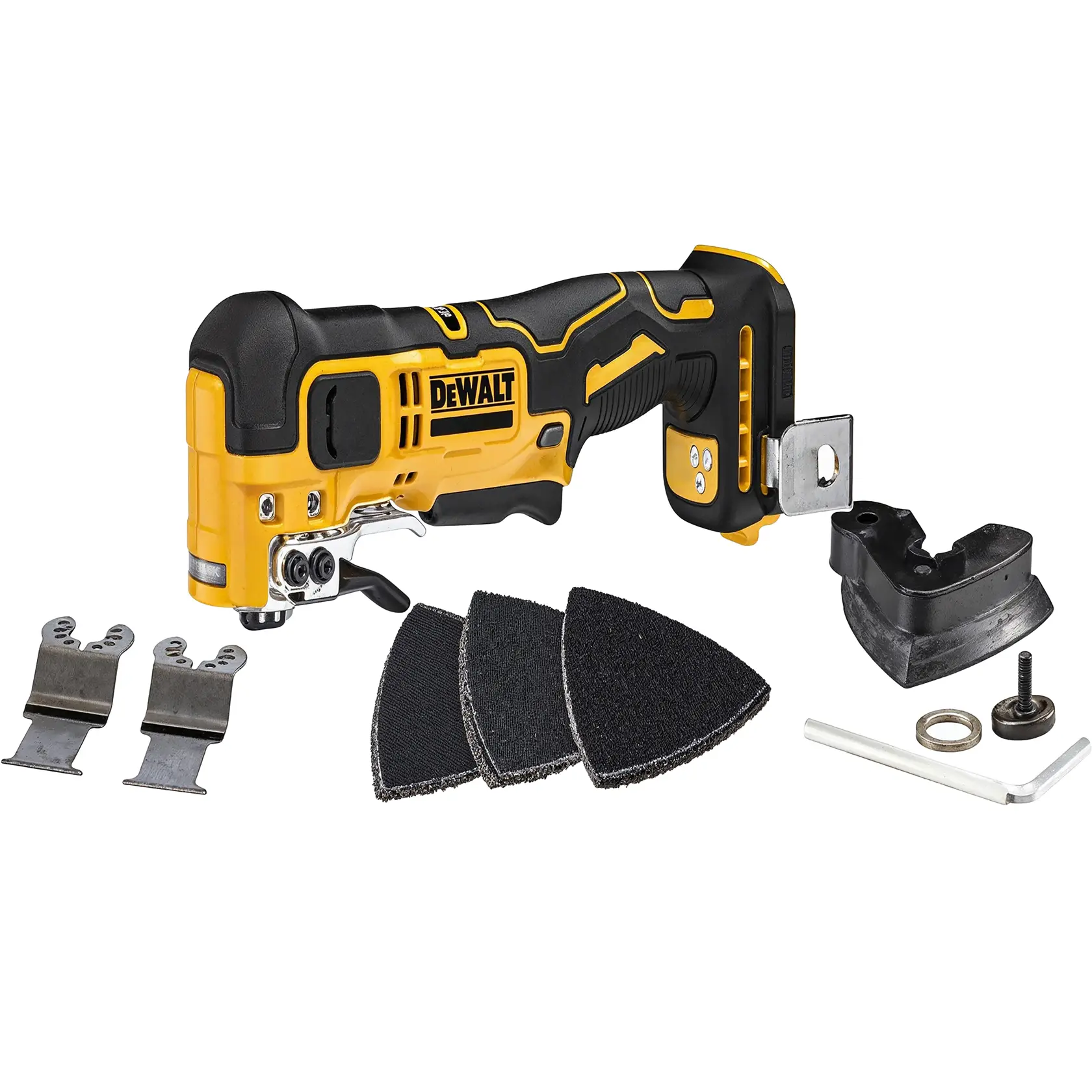 DEWALT 18V XR brushless multi-tool with ergonomic grip, shown without battery, yellow and black color.