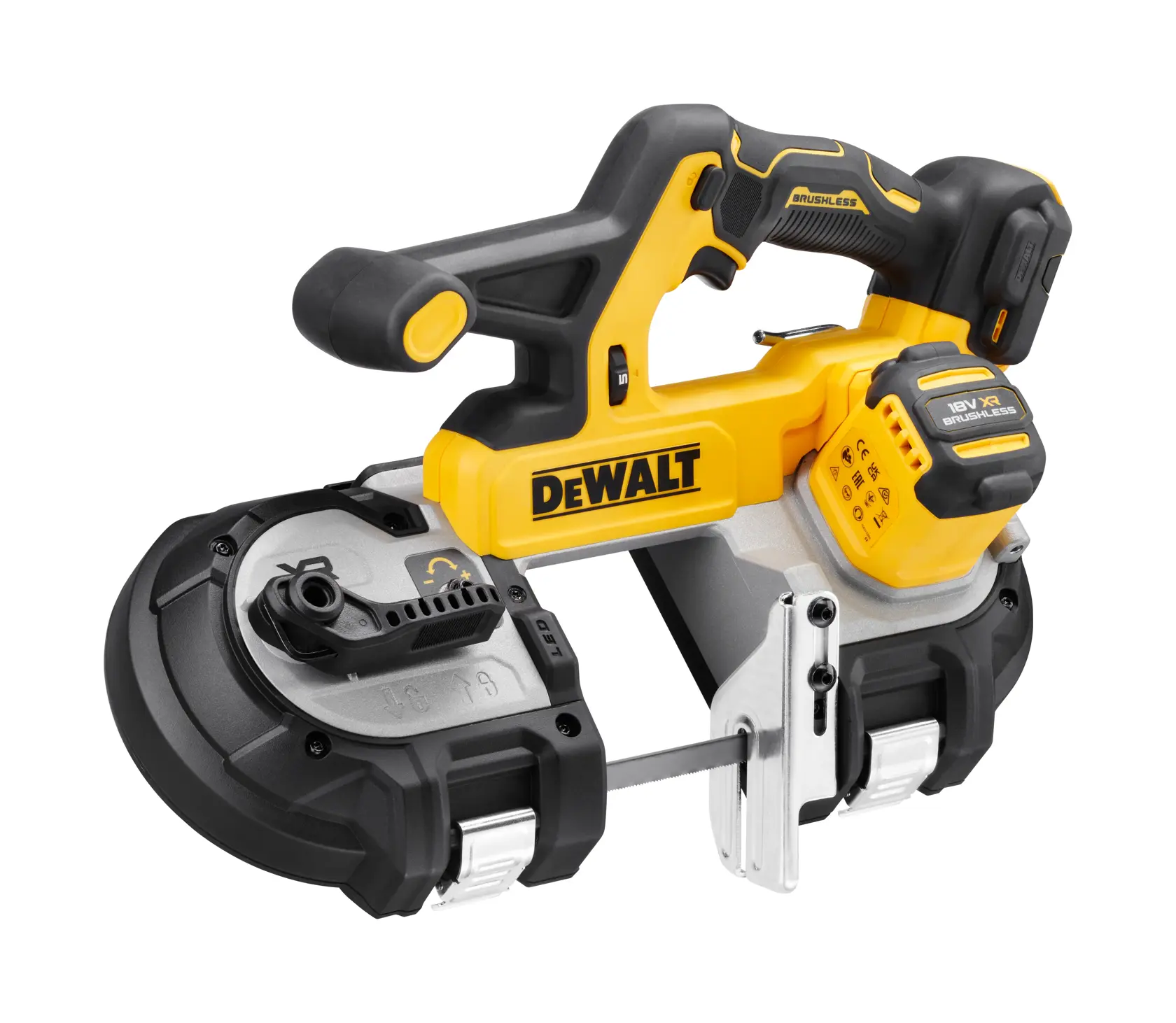 DEWALT DCS378N cordless brushless band saw, featuring a yellow and black design, ergonomic handle, metal cutting blade, and 18V battery pack, designed for cutting metal materials.