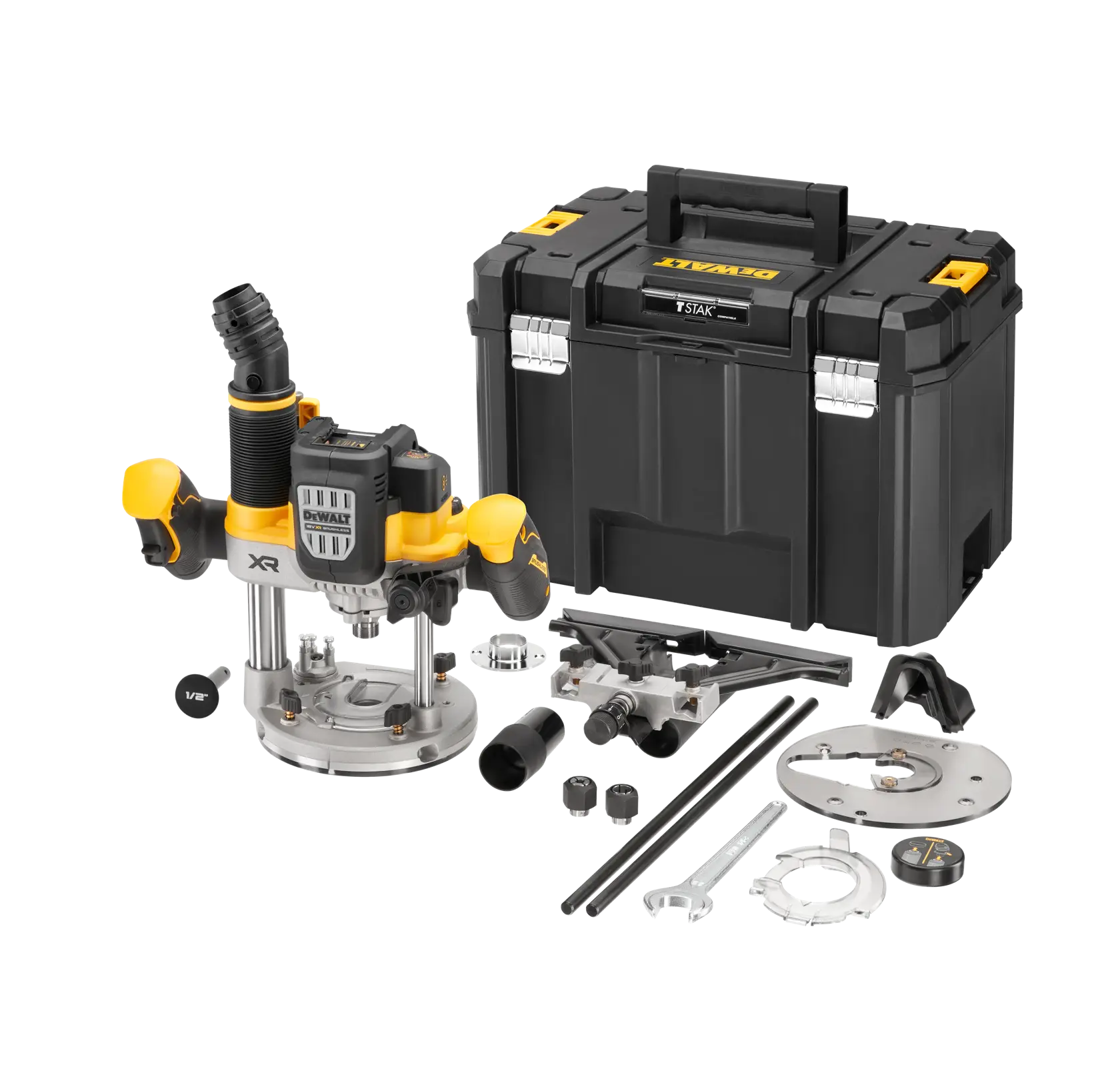 DEWALT cordless router set DCW620NT with accessories and a black carrying case, including various attachments, rods, wrenches, and router bases displayed on a white background.