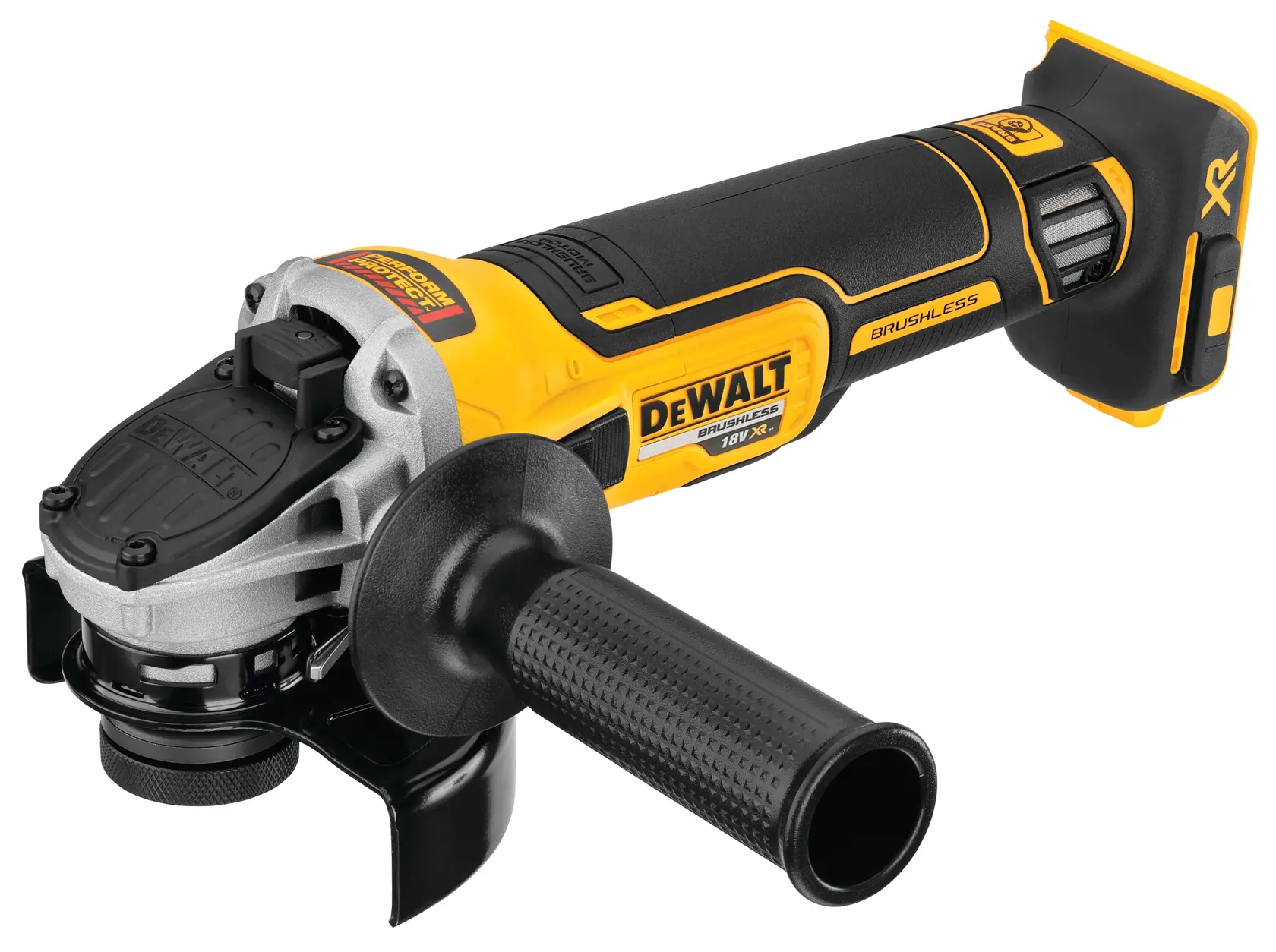 A DEWALT cordless angle grinder with a yellow and black design, featuring a brushless motor and ergonomic handle.