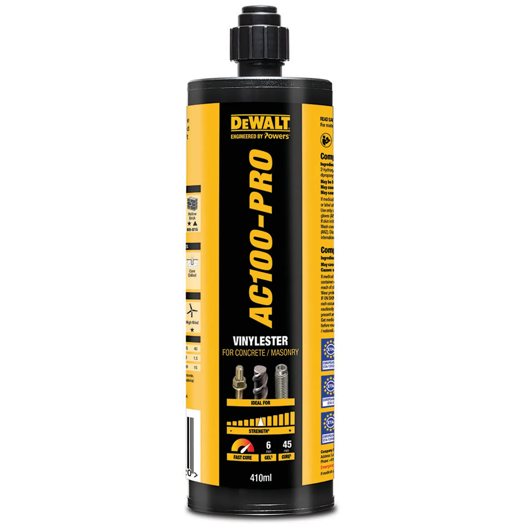 A black and yellow tube labeled DEWALT AC100-PRO, containing vinylester adhesive for concrete and masonry. The bottle displays compatibility icons for bolts and rebar, highlights fast curing, and specifies a 410 ml capacity.
