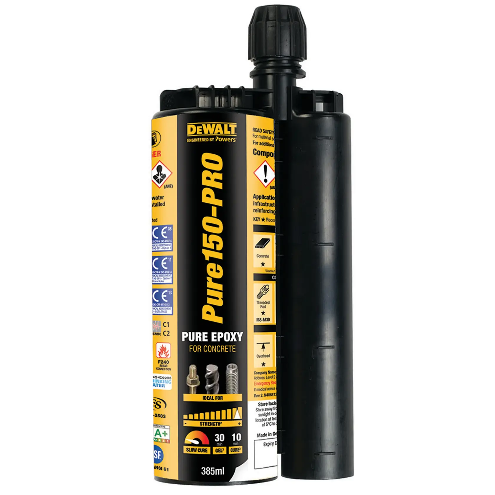 A DEWALT Pure150-PRO dual tube epoxy cartridge for concrete, featuring a yellow and black label with product details and safety information. The cartridge has a black nozzle cap and contains 385ml of pure epoxy adhesive.