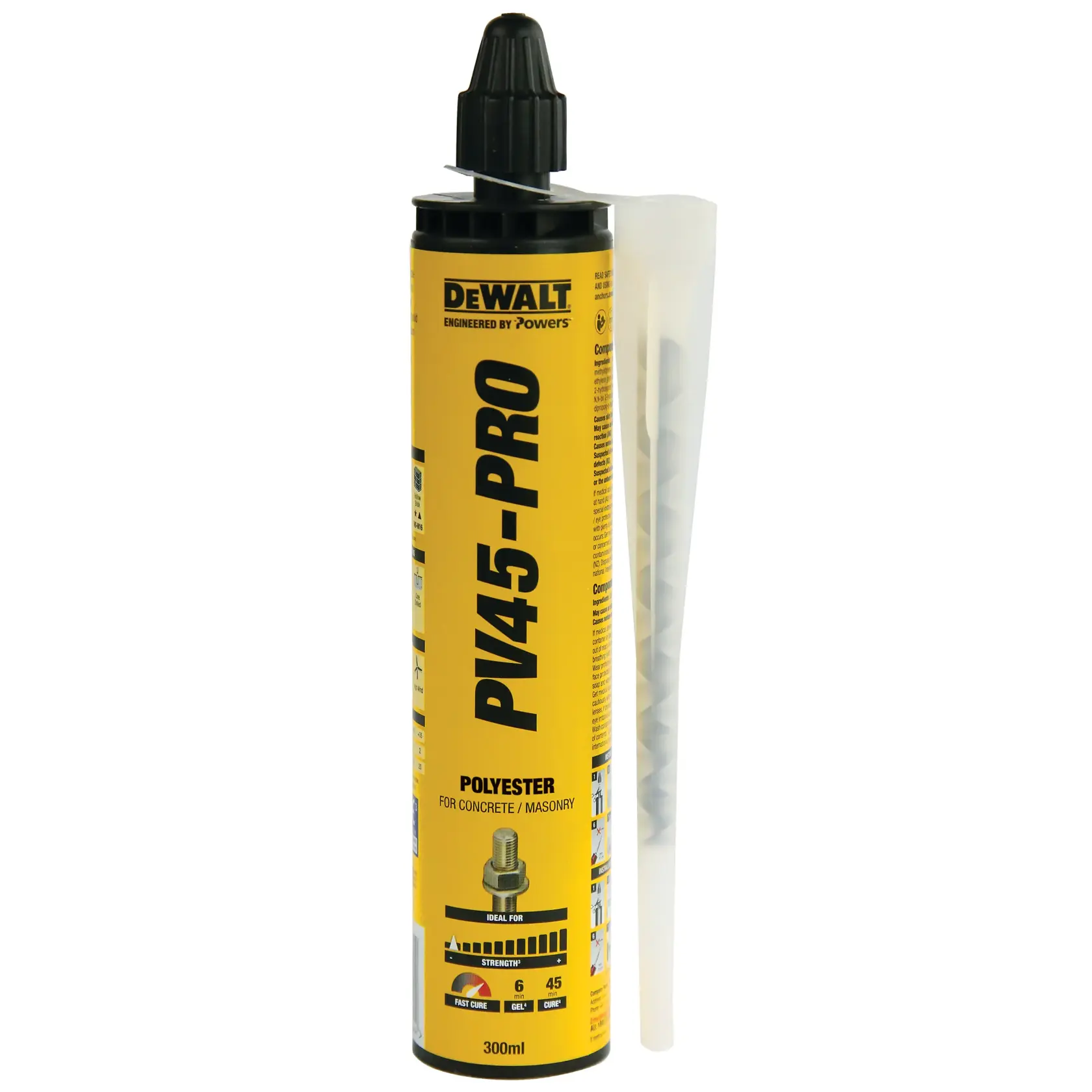 DEWALT PV45-PRO polyester adhesive cartridge for concrete and masonry, 300ml size, with yellow and black label and included mixing nozzle.