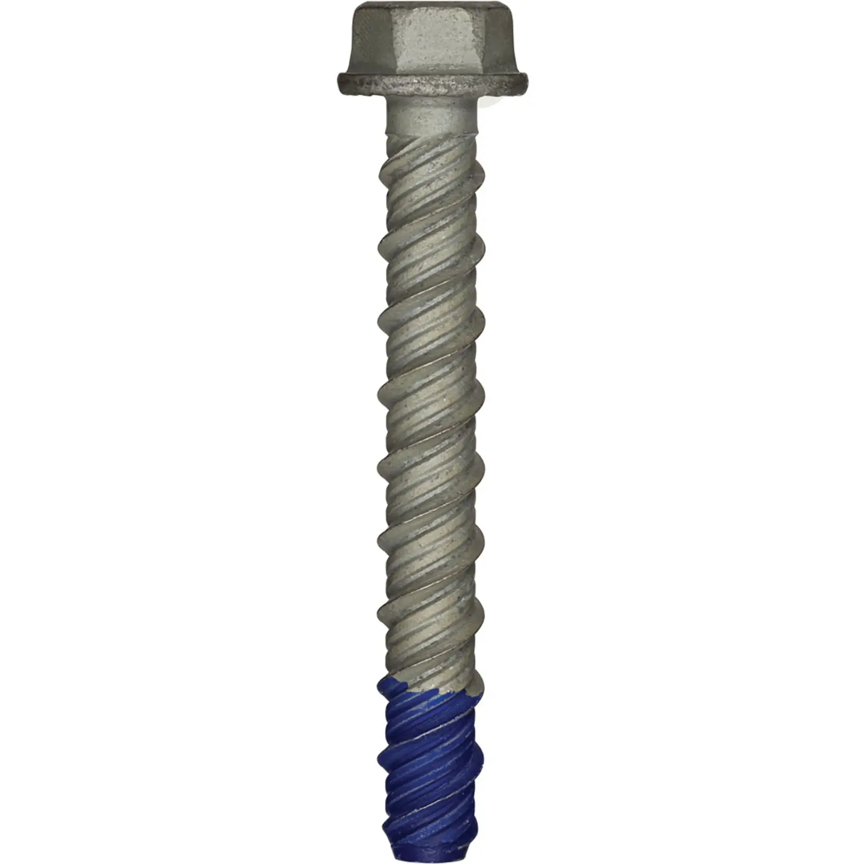 A close-up image of a concrete screw bolt with a hexagonal head and spiral threads, featuring a blue tip.