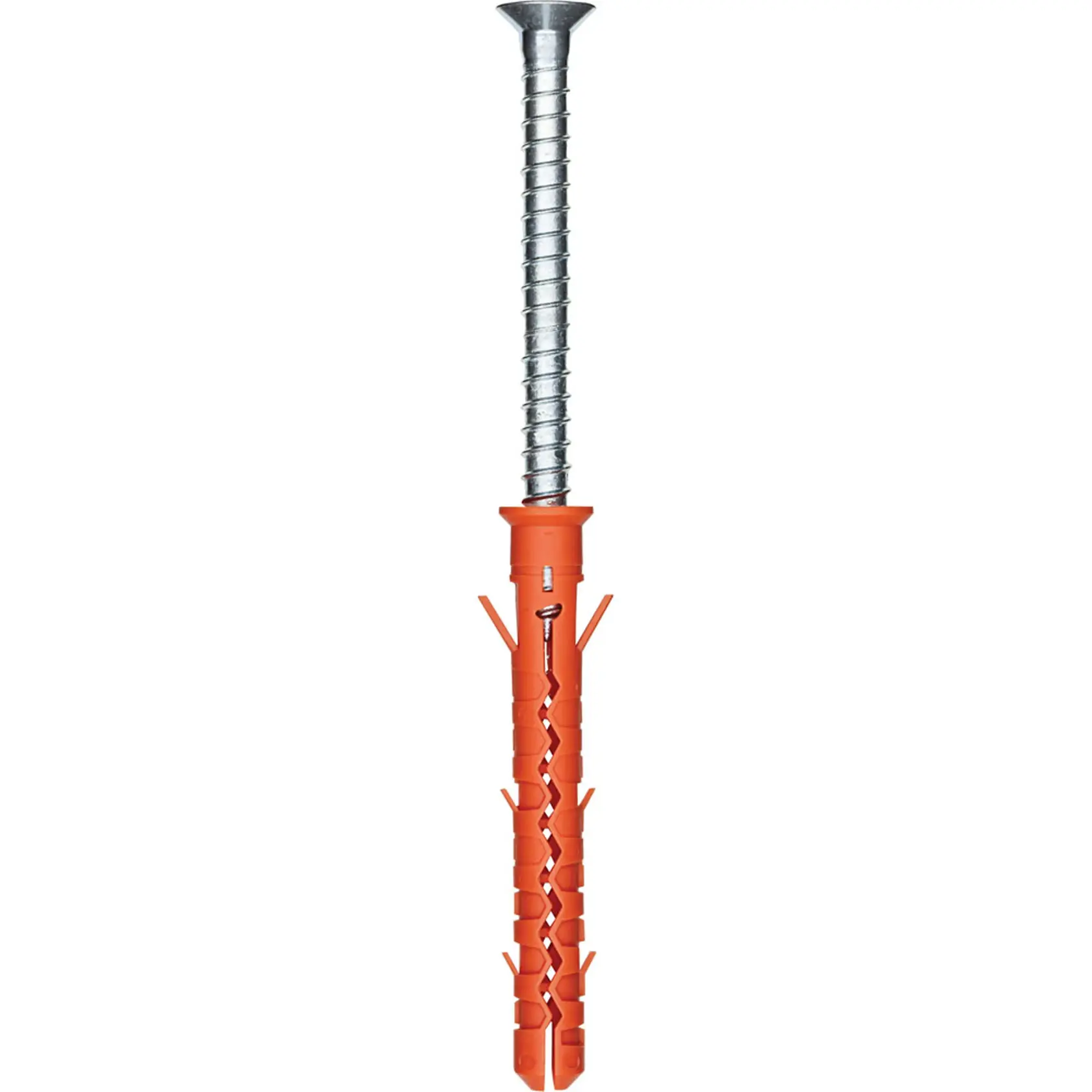 A metal screw inserted into an orange plastic wall plug, used for securing objects to walls.