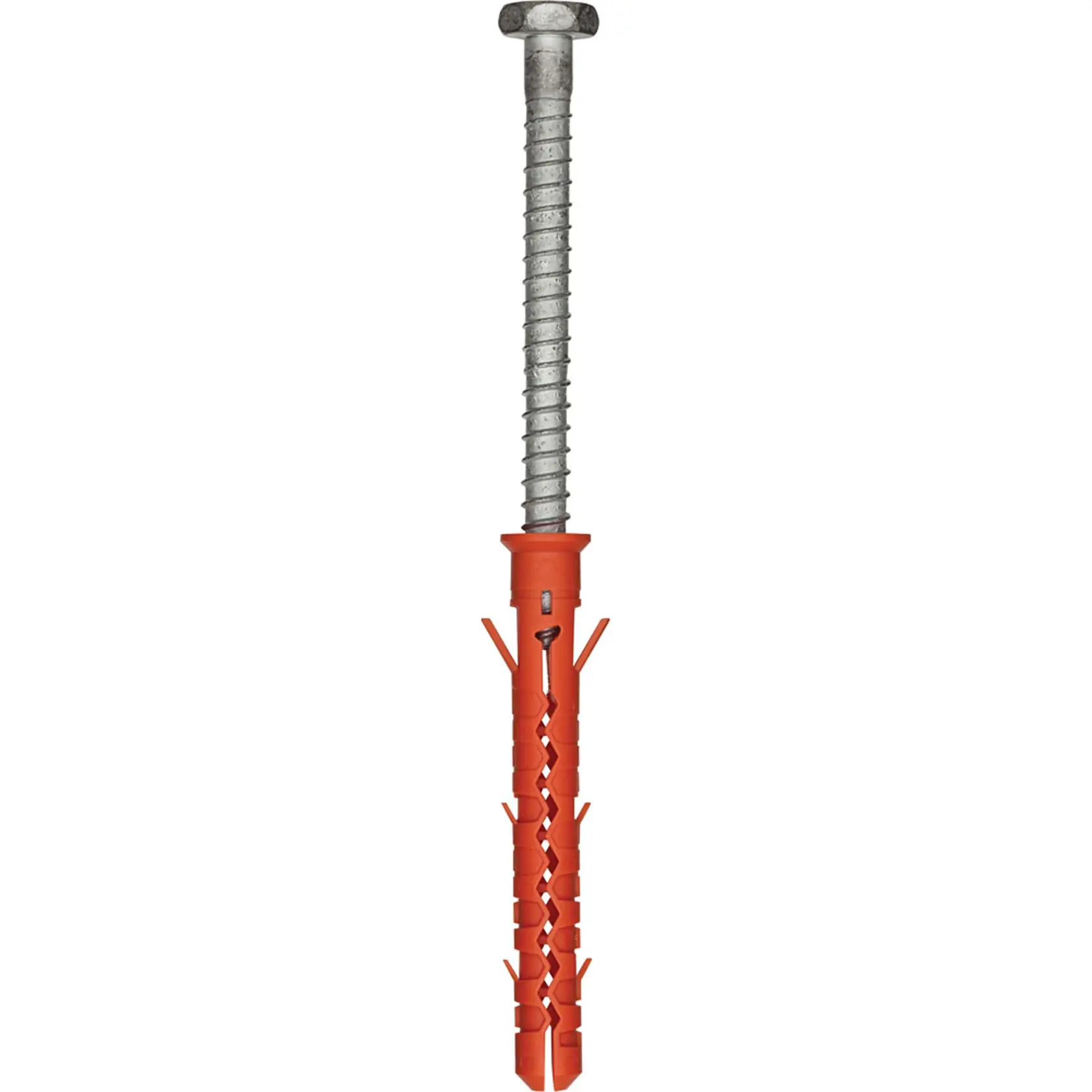 A close-up image of a DEWALT masonry anchor, featuring a silver metal screw attached to an orange plastic wall plug, used for securing objects to concrete or masonry surfaces.