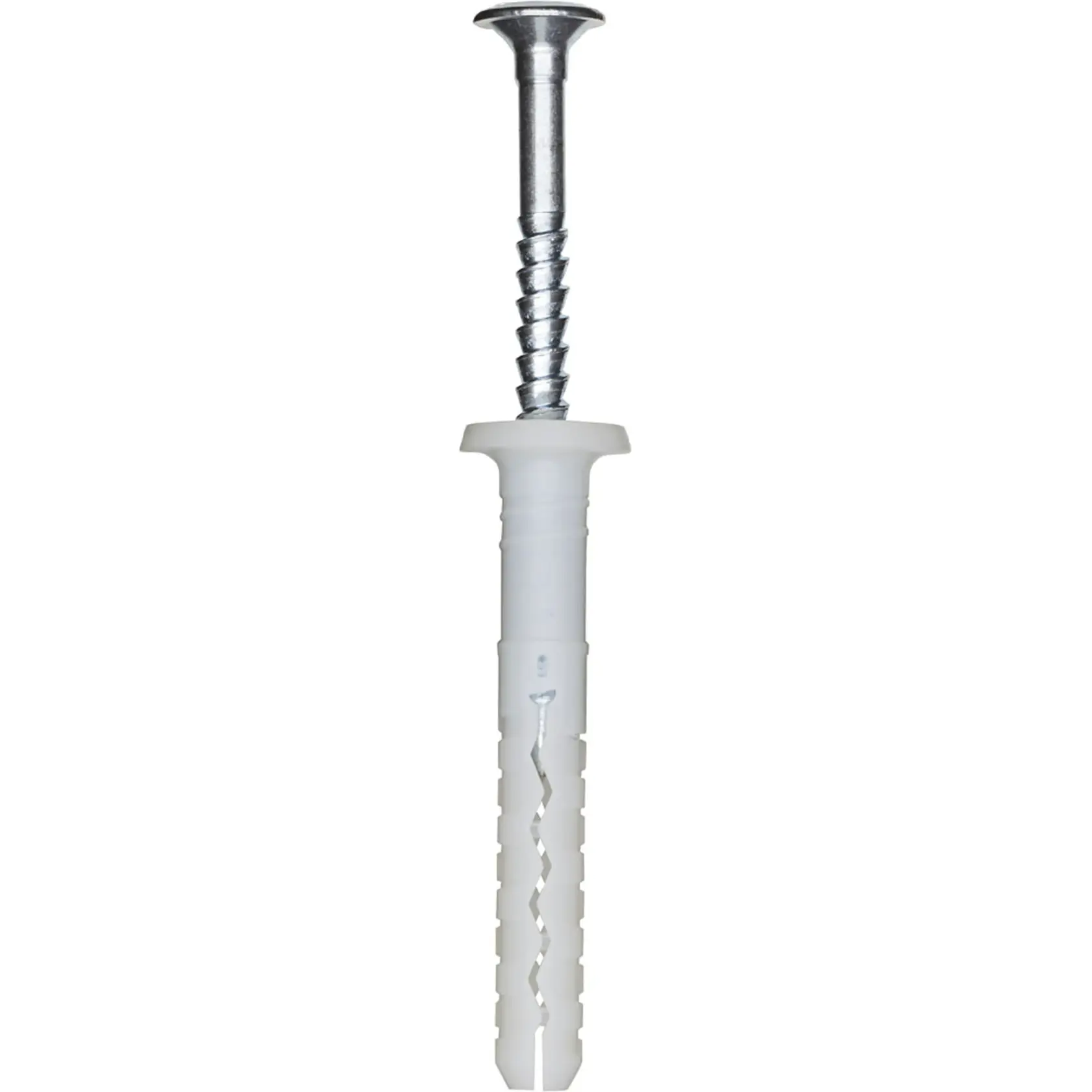A DEWALT-branded plastic wall plug with an attached screw, shown vertically against a white background.