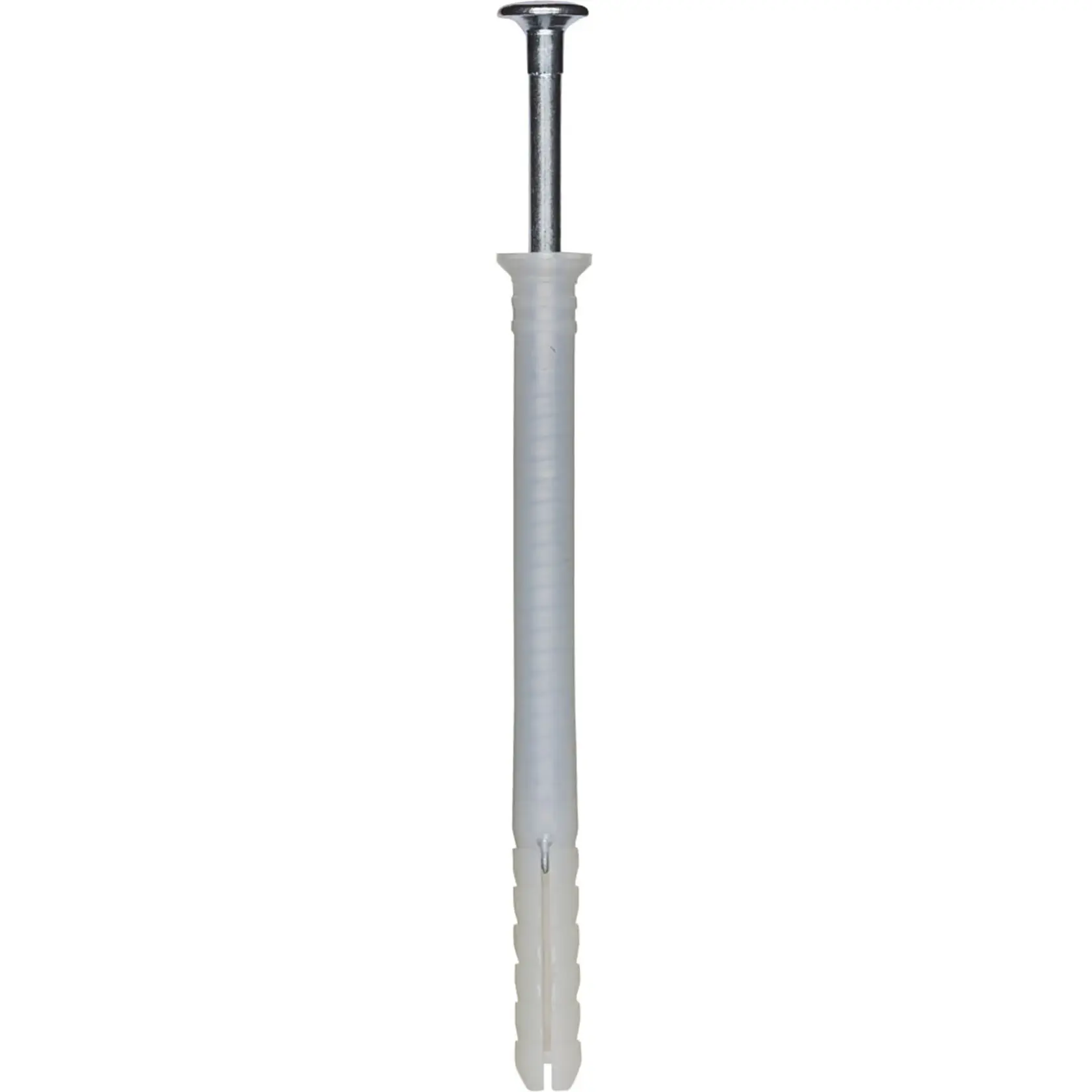 A single long metal nail with a gray plastic wall plug for masonry or concrete fastening.