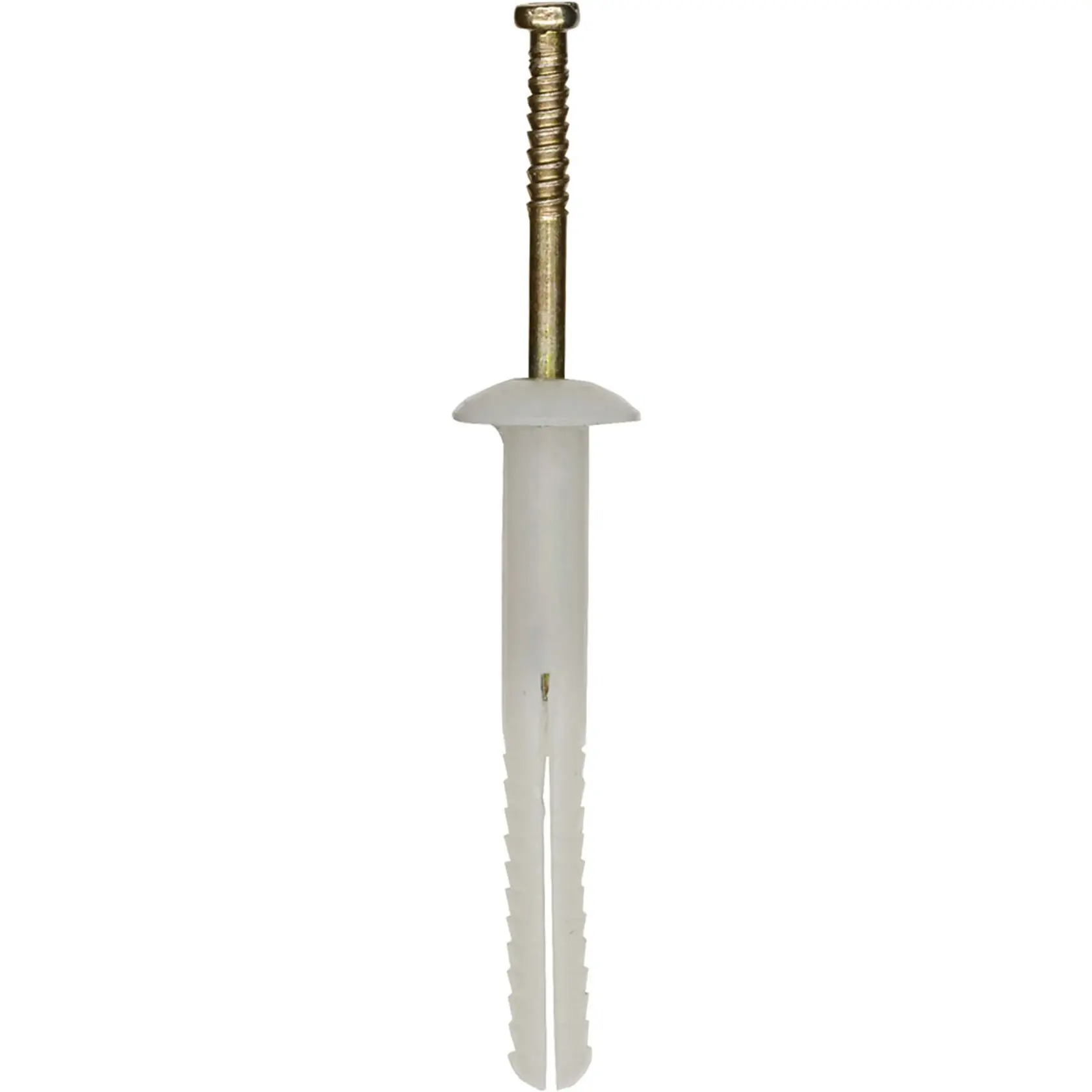 A close-up image of a DEWALT nylon nail-in anchor with a metal screw, suitable for wall mounting and fastening applications.