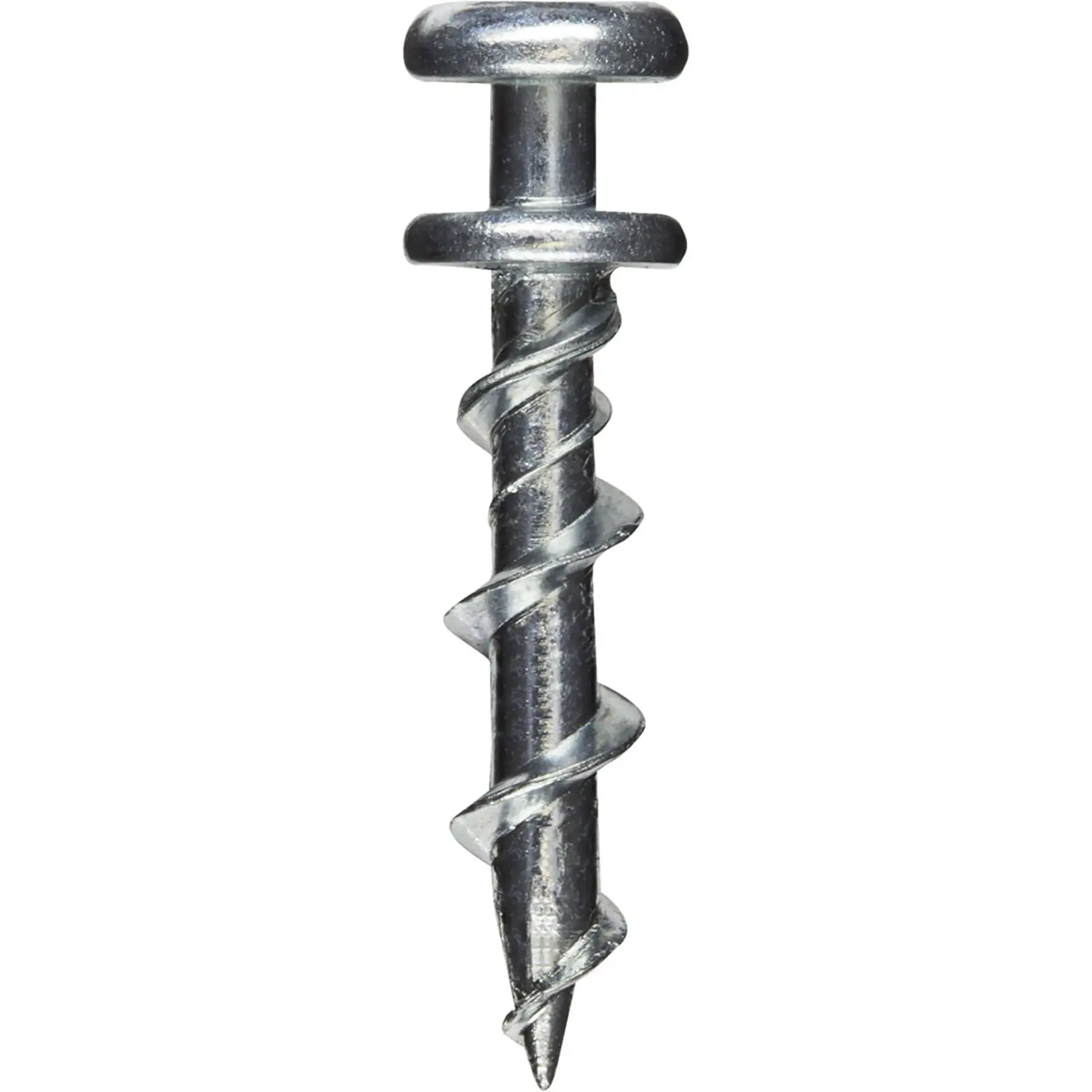 Close-up image of a single metallic screw anchor with helical threads and a wide head, shown vertically on a white background.