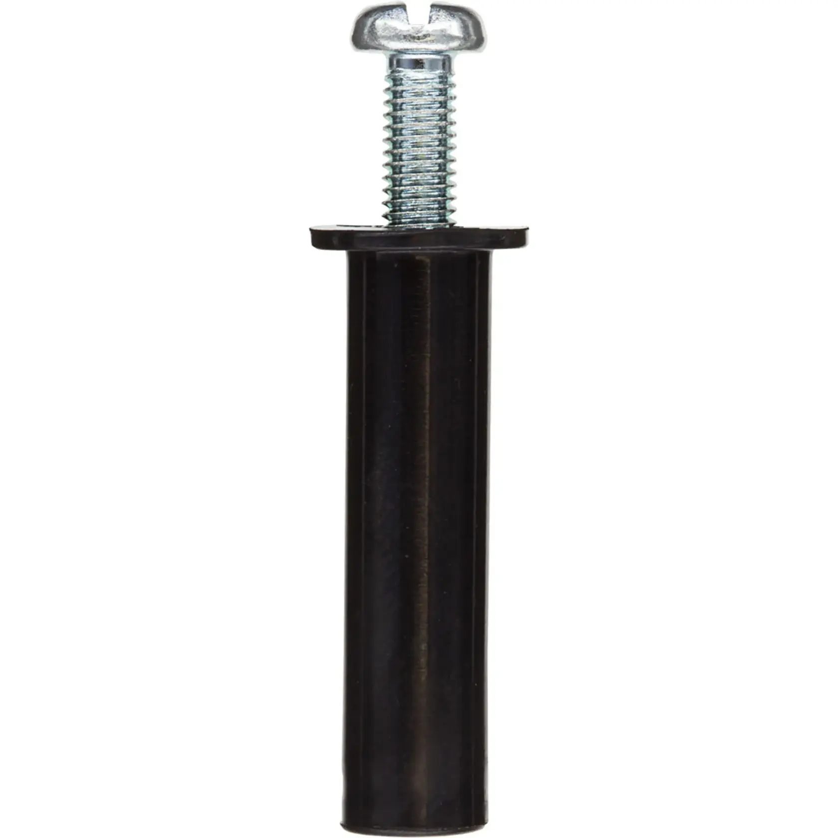 A close-up image of a screw anchor with a black plastic sleeve and a metal screw, shown against a white background.