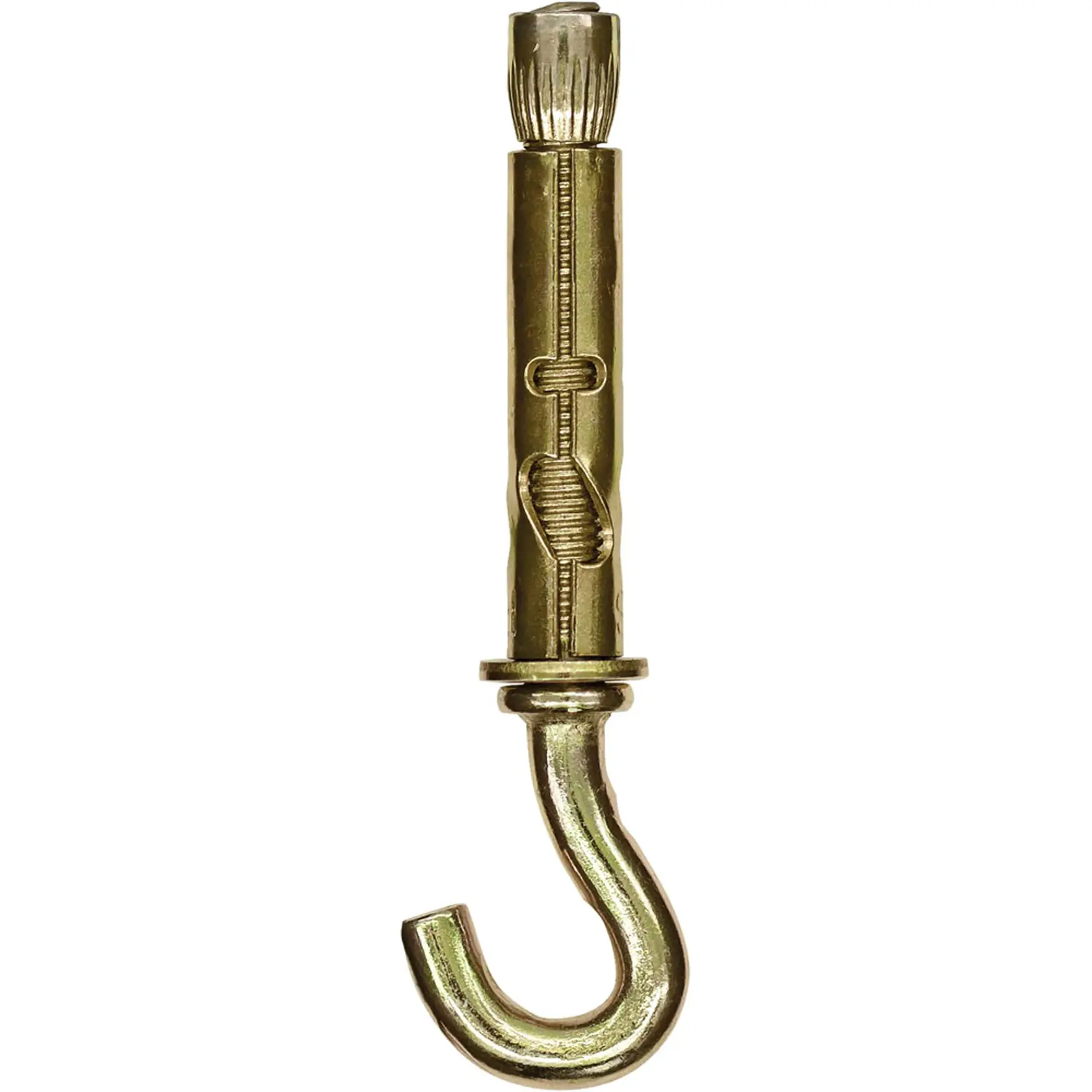 A close-up view of a metallic wall anchor hook, featuring a cylindrical body and a curved hook at the end. The anchor has detailed threading and grooves for securing into masonry or concrete surfaces.