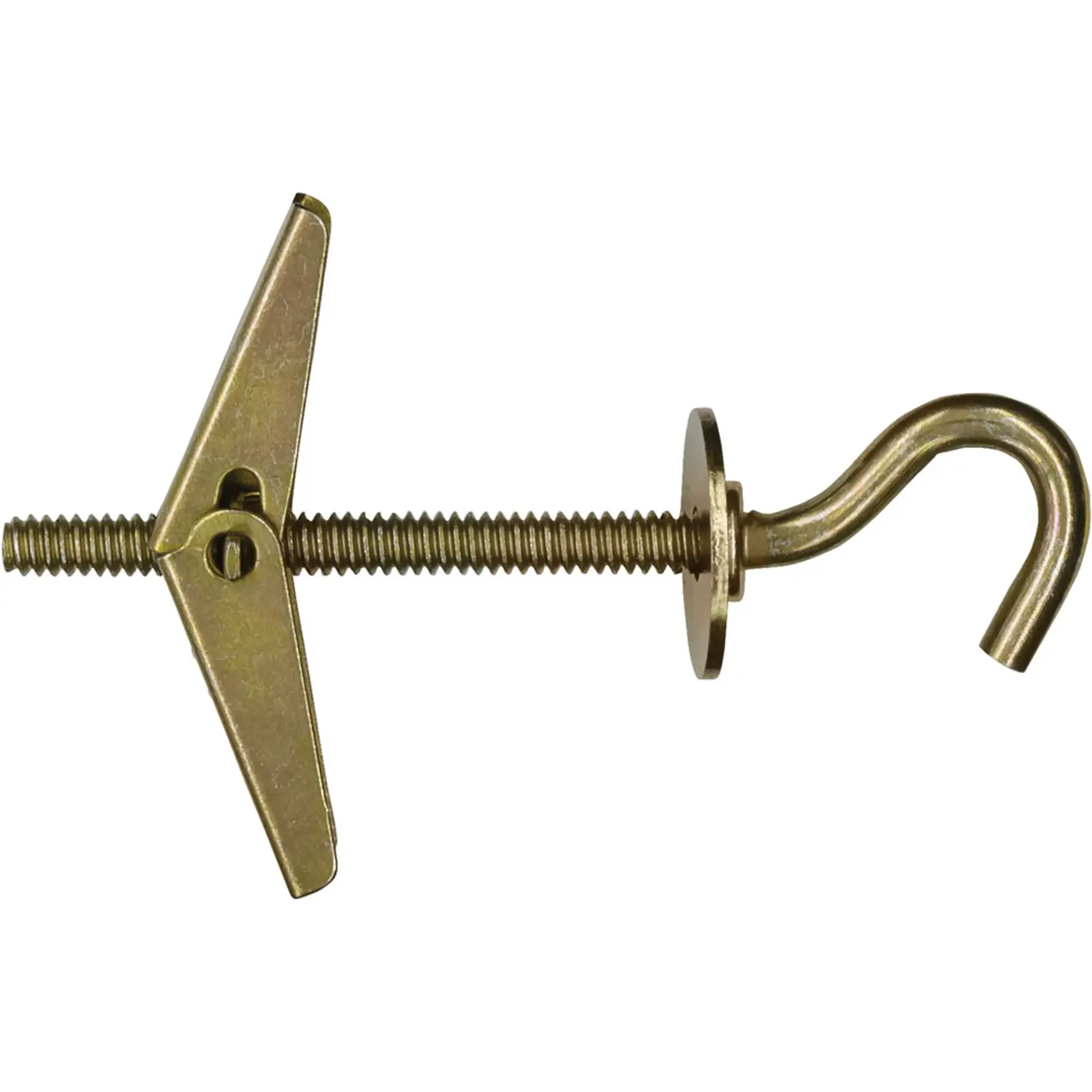 A metal toggle hook bolt with a spring-loaded wing nut mechanism and threaded rod, commonly used for securing objects to hollow walls.