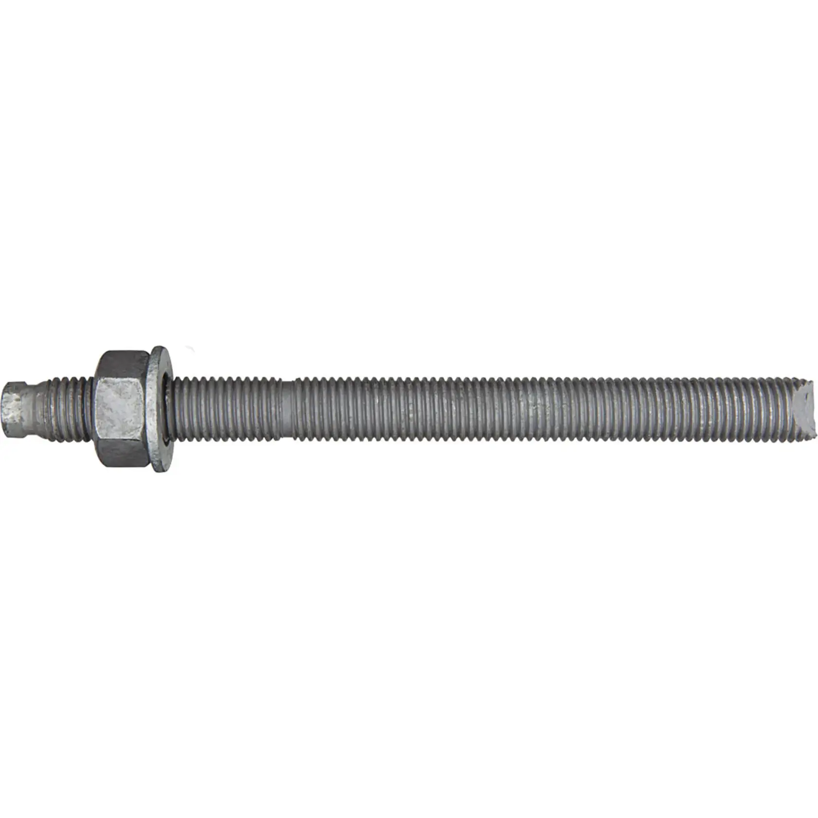 A metal threaded rod with a hexagonal nut and washer, suitable for construction or fastening applications.