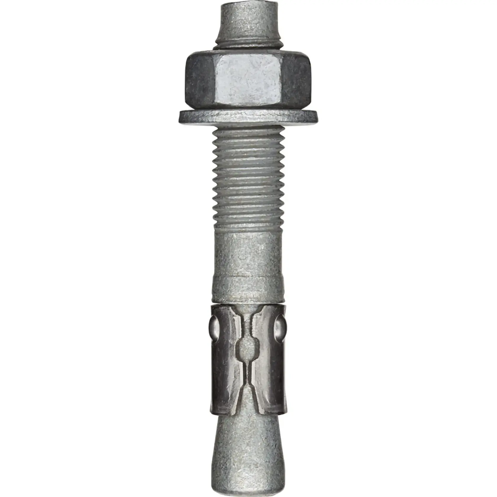 A close-up image of a metal expansion bolt with a nut and washer, used for securing objects to concrete or masonry surfaces.