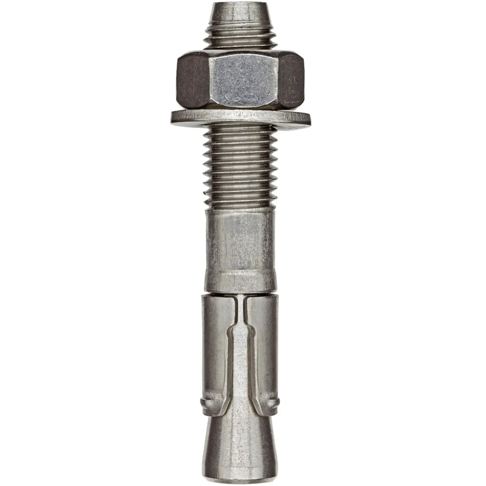 A close-up image of a metal anchor bolt with a hex nut and washer attached. The bolt has a threaded upper section and a flared lower section for secure installation in masonry or concrete.
