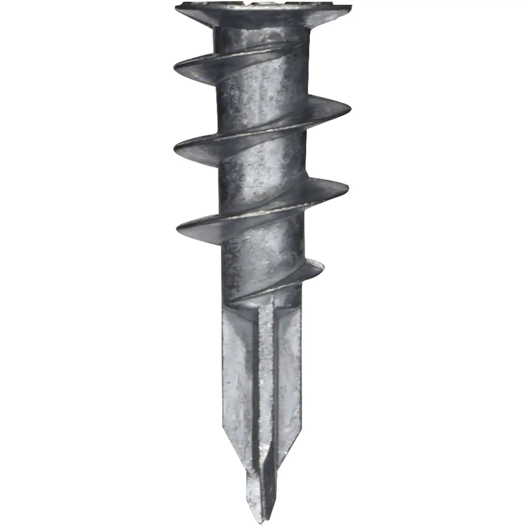 A close-up image of a single metal drywall anchor with a wide screw thread and a pointed tip, designed for secure mounting in drywall.