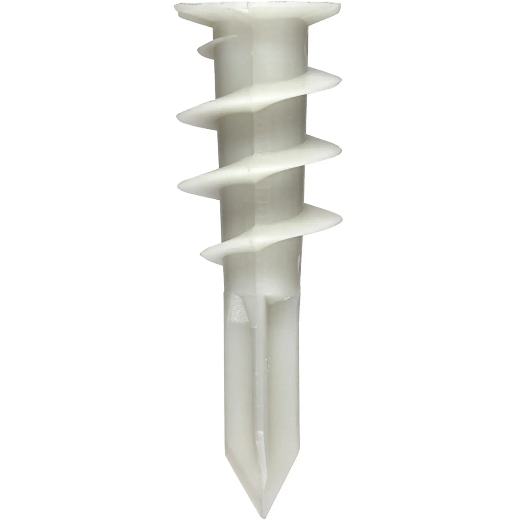 A close-up image of a white plastic wall anchor, used for securing screws in drywall.