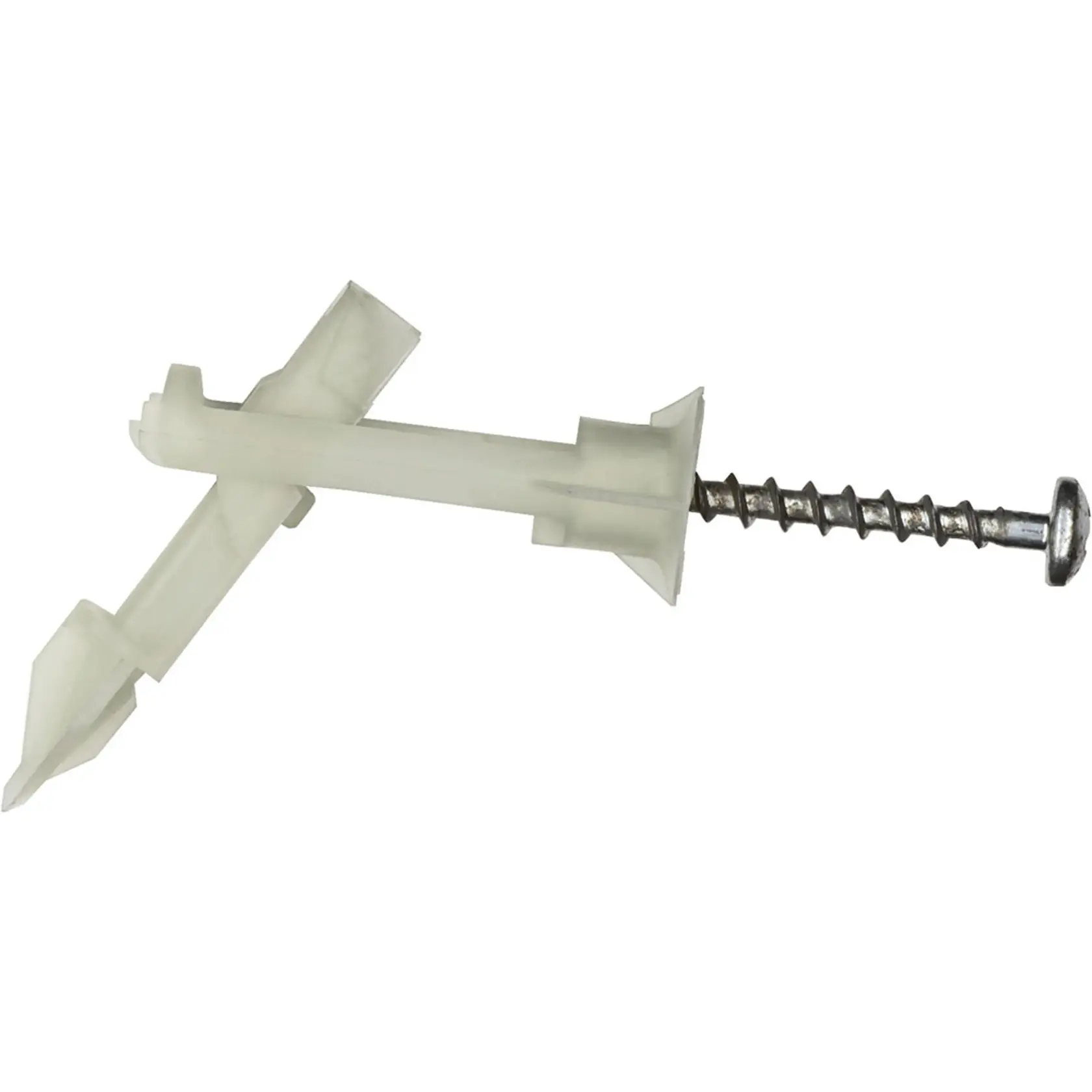 A close-up image of a DEWALT plastic wall anchor and screw, used for securing items to drywall.
